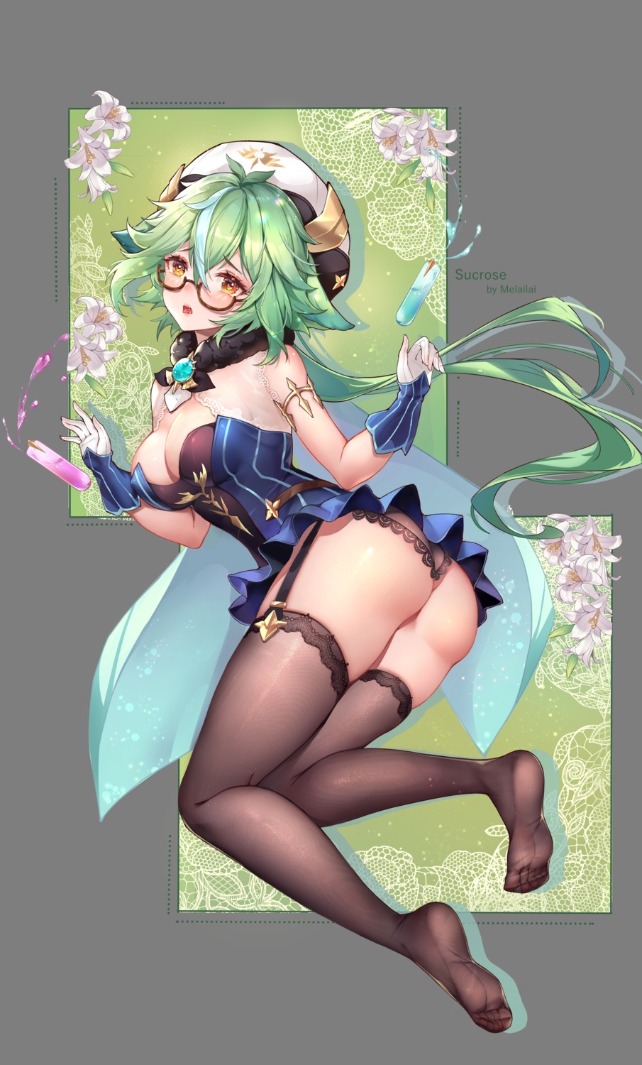 animal_ears ass feet genshin_impact megane melailai no_bra pantsu skirt_lift stockings sucrose thighhighs thong transparent_png