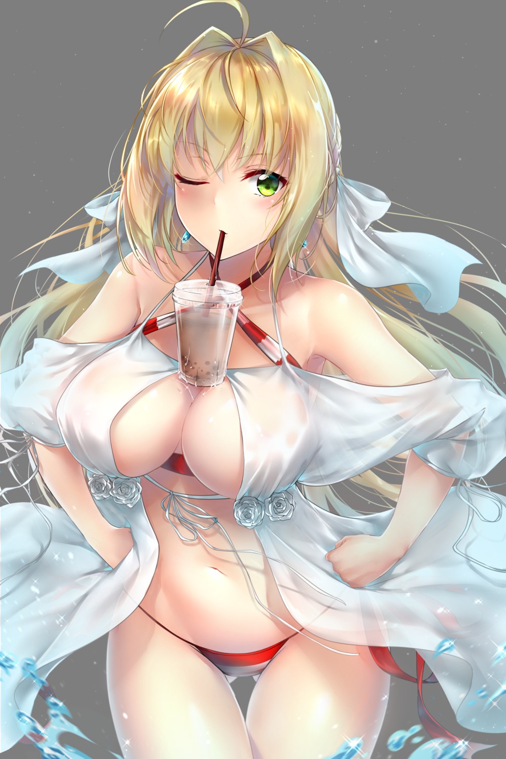 bikini fate/grand_order open_shirt rei_kun saber_extra see_through swimsuits transparent_png wet