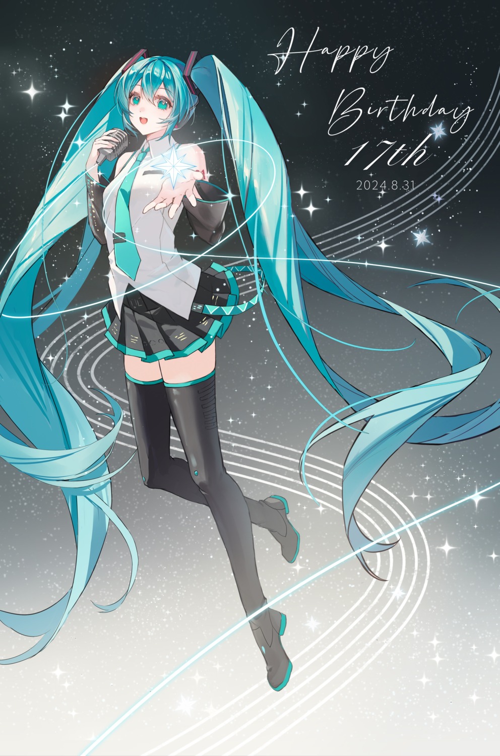 hatsune_miku headphones skirt_lift tagme tattoo thighhighs vocaloid