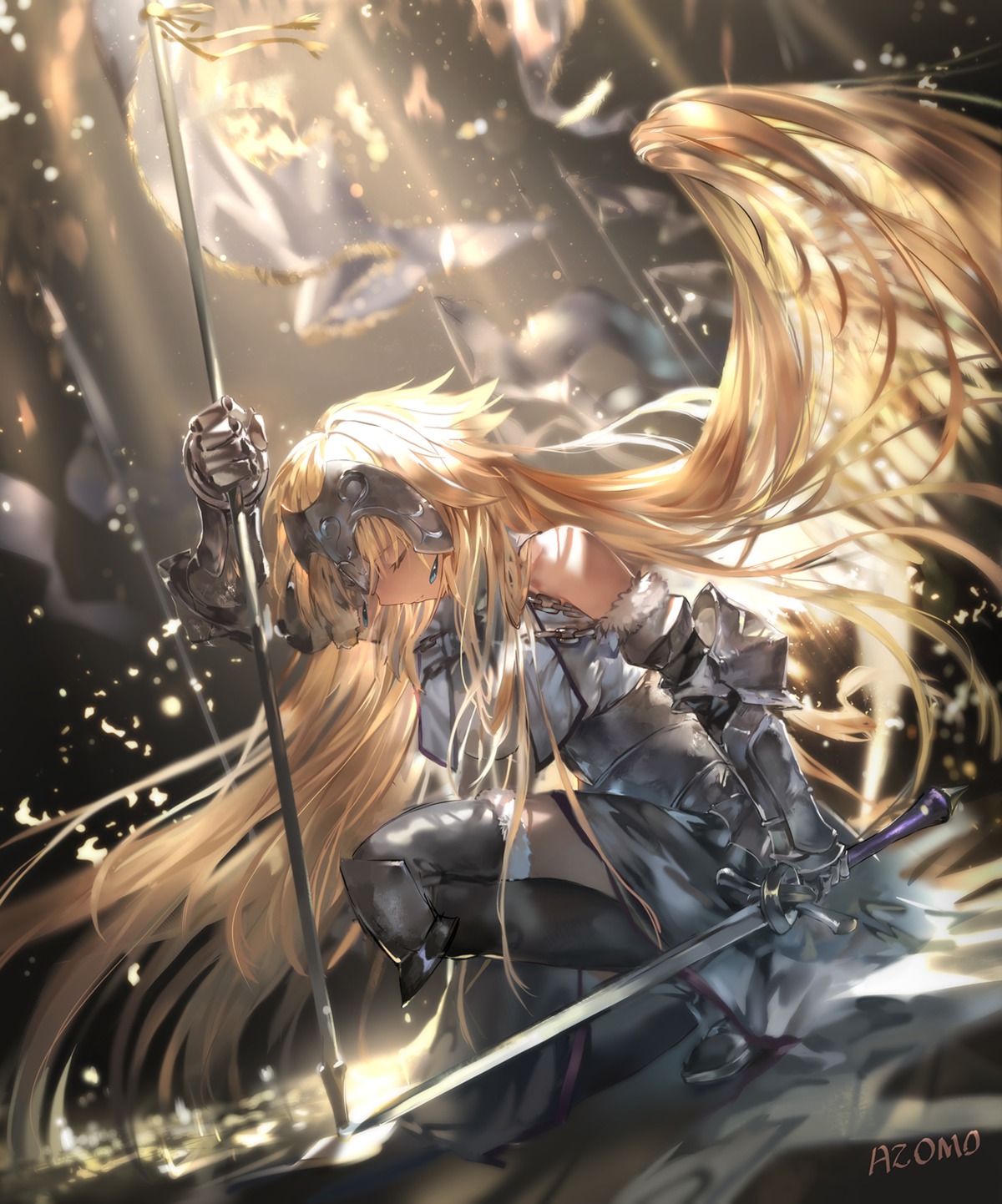armor azomo fate/grand_order jeanne_d'arc jeanne_d'arc_(fate) sword thighhighs wings