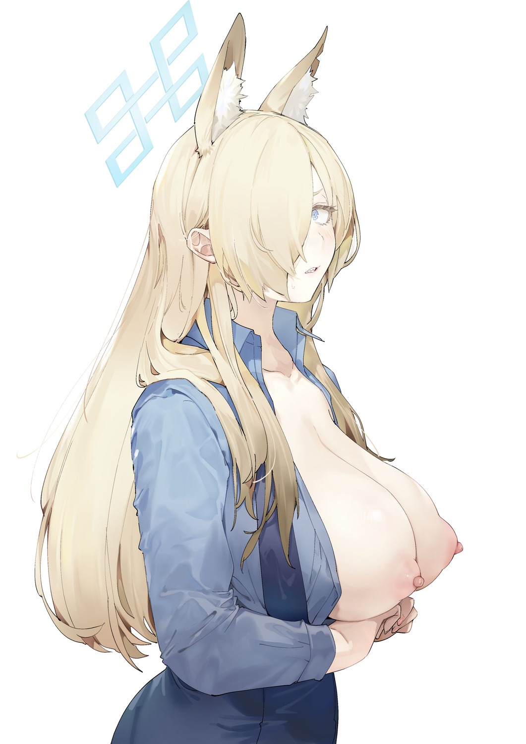 animal_ears blue_archive breasts dress_shirt halo inumimi nipples no_bra ogata_kanna_(blue_archive) open_shirt yanyo_(ogino_atsuki)