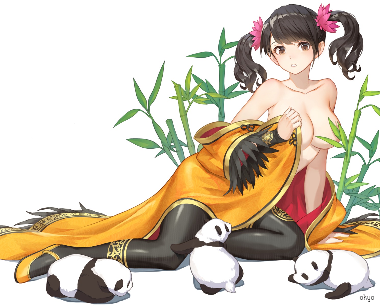 asian_clothes breast_hold breasts ling_xiaoyu no_bra open_shirt pantyhose songdaesic tekken