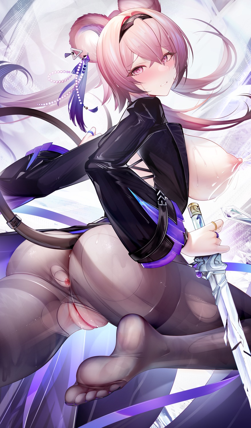 animal_ears anus arknights ass feet lin_yuhsia_(arknights) nipples no_bra pantyhose pussy sword tail torn_clothes uncensored zhixue