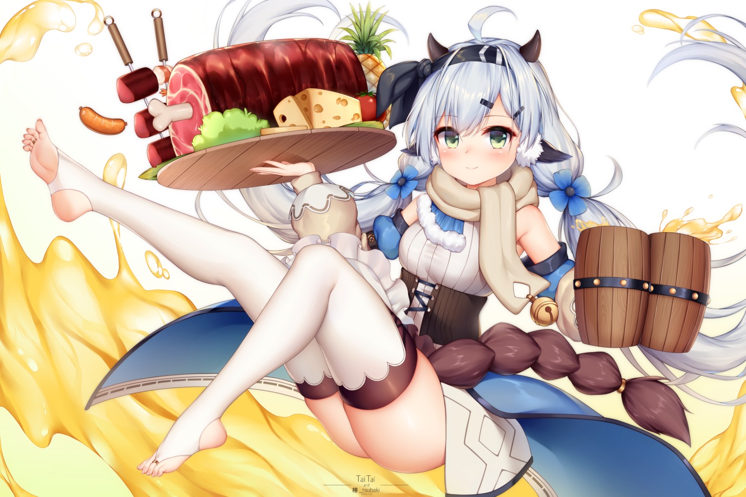 animal_ears feet horns maid pixiv_fantasia_age_of_starlight skirt_lift taitai thighhighs waitress