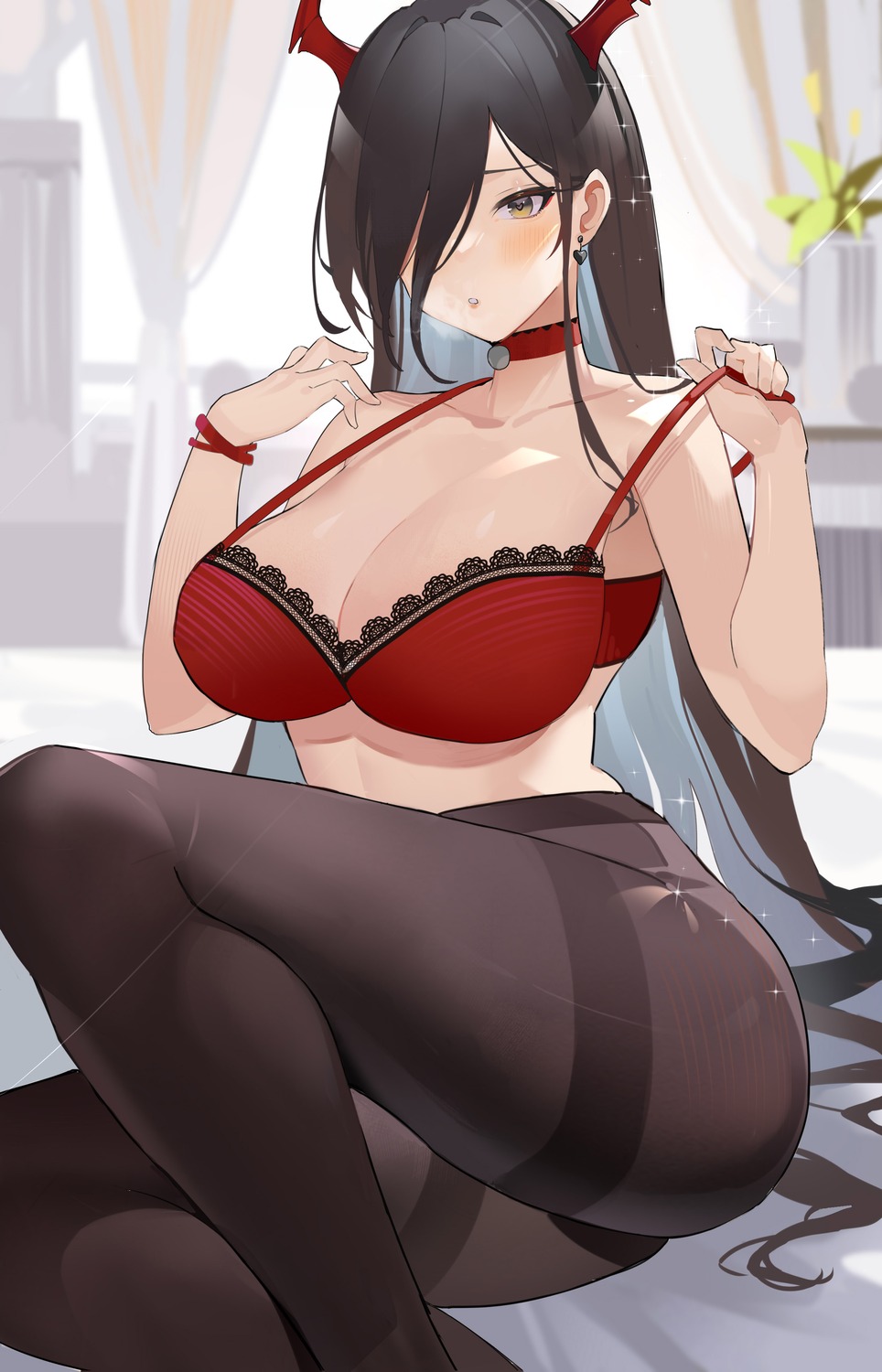 550098 azur_lane bra friedrich_der_grosse_(azur_lane) horns pantyhose undressing