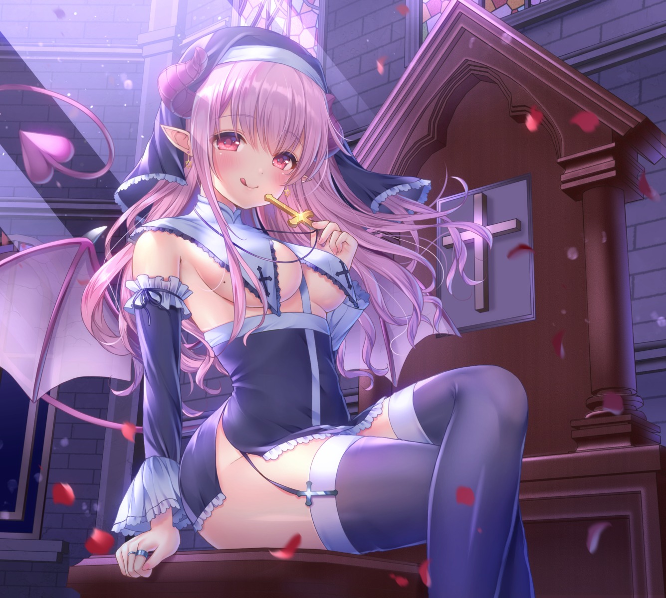 horns no_bra nopan nun pointy_ears skirt_lift tail thighhighs wings yuyuko_(yuyucocco)