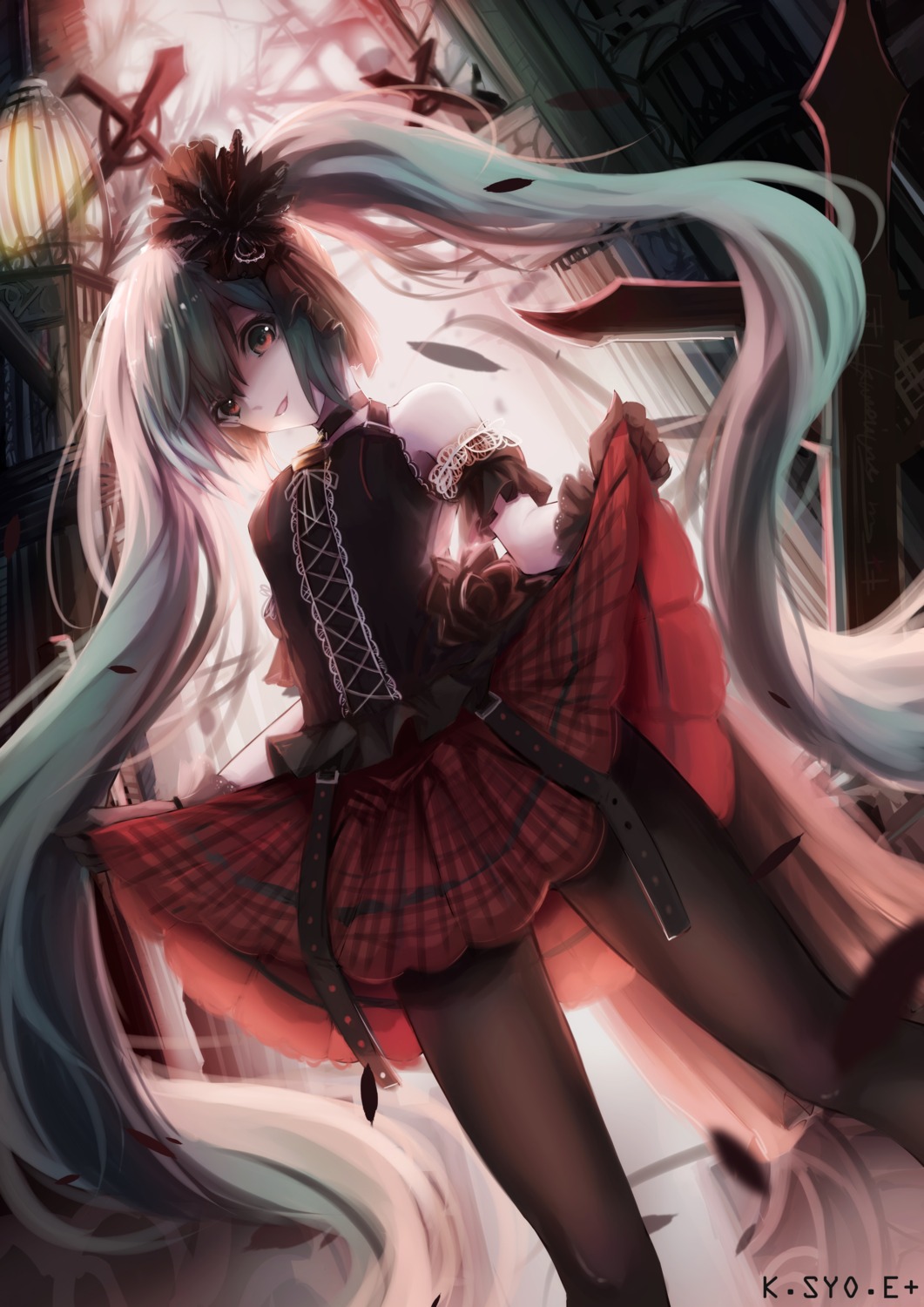 asahi_kuroi hatsune_miku pantyhose skirt_lift vocaloid