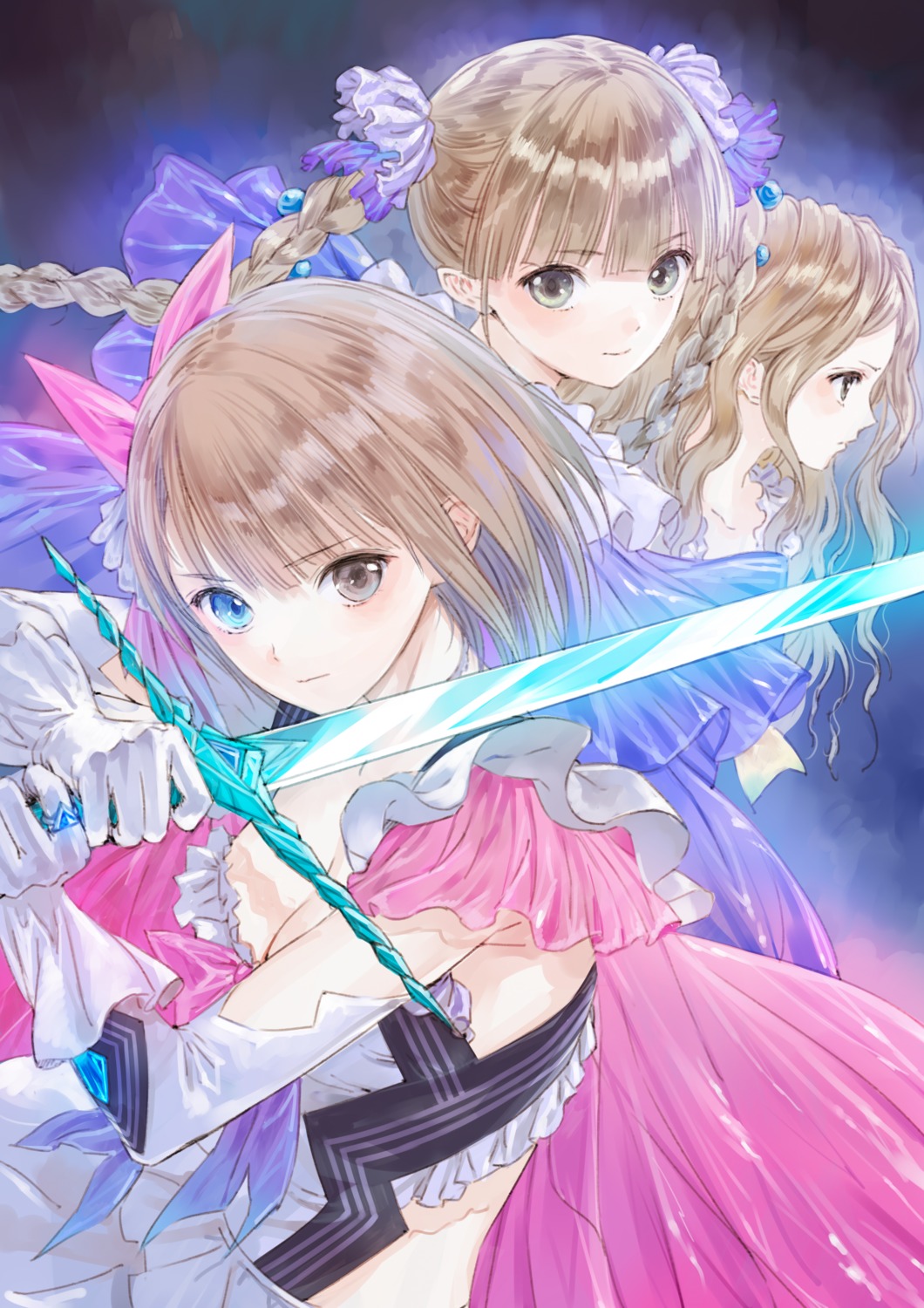 blue_reflection cleavage heterochromia kishida_mel shijou_raimu shijou_yuzuki shirai_hinako sword