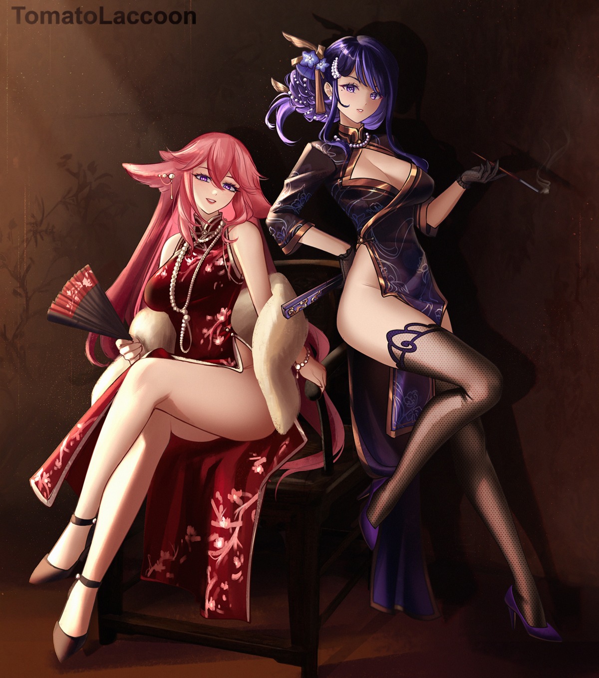 animal_ears chinadress fishnets genshin_impact heels kitsune nopan raiden_shogun skirt_lift smoking thighhighs tomato_laccoon yae_miko