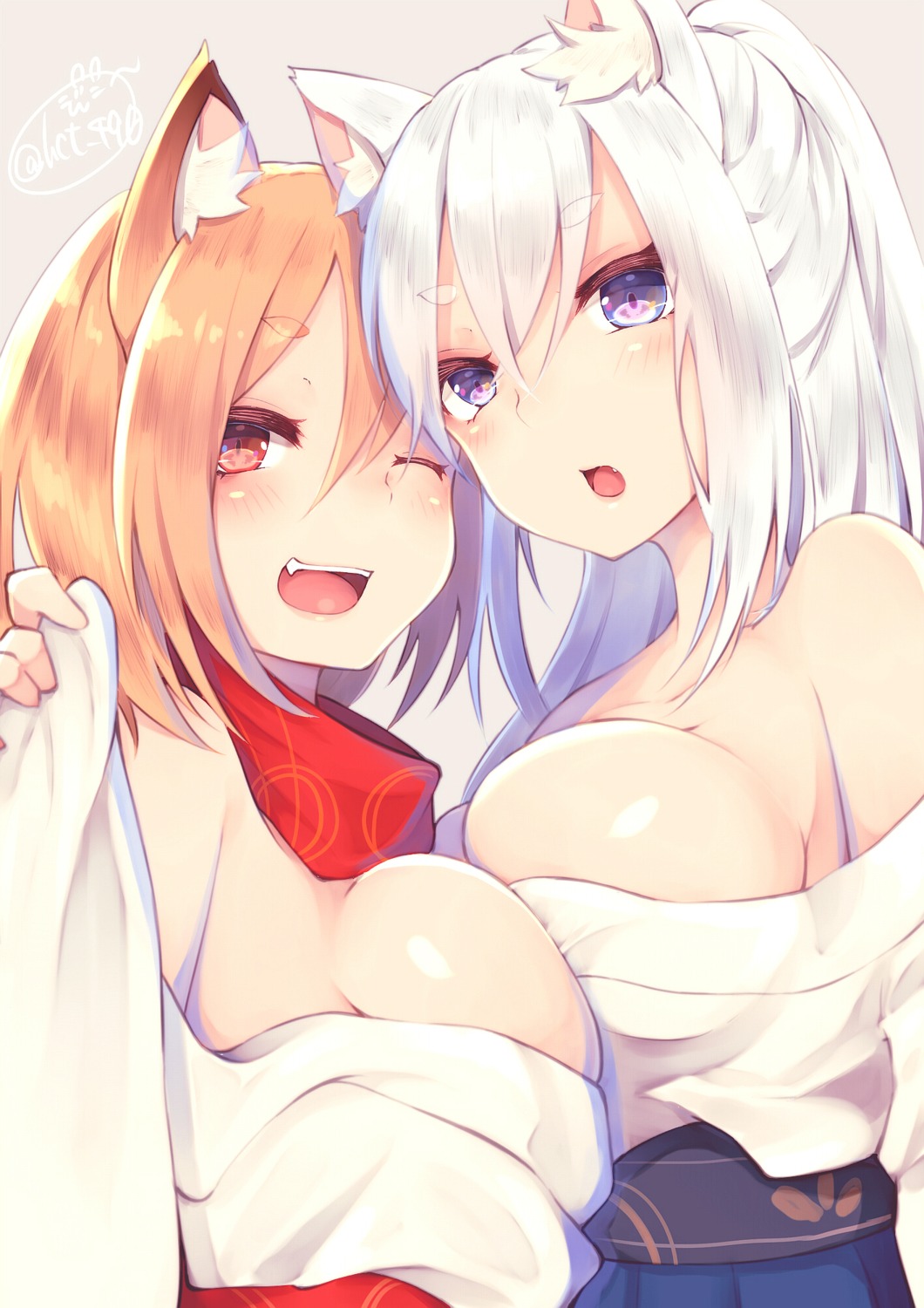 animal_ears chita_(ketchup) japanese_clothes no_bra open_shirt symmetrical_docking