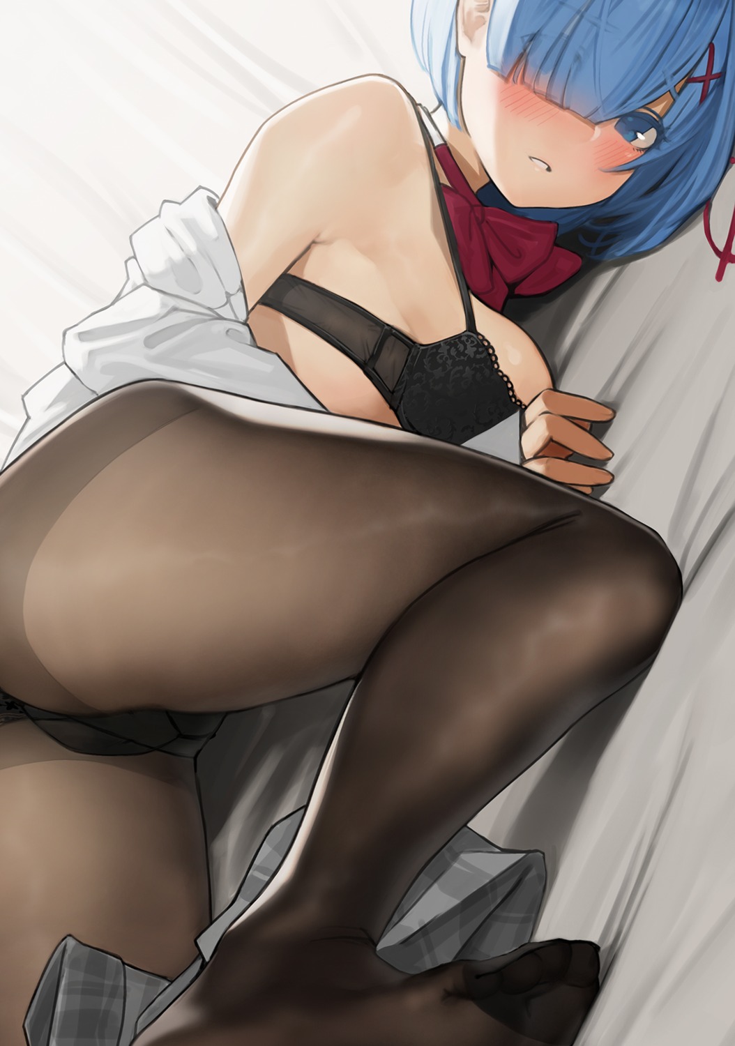 bra feet open_shirt pantsu pantyhose re_zero_kara_hajimeru_isekai_seikatsu rem_(re_zero) see_through seifuku yom