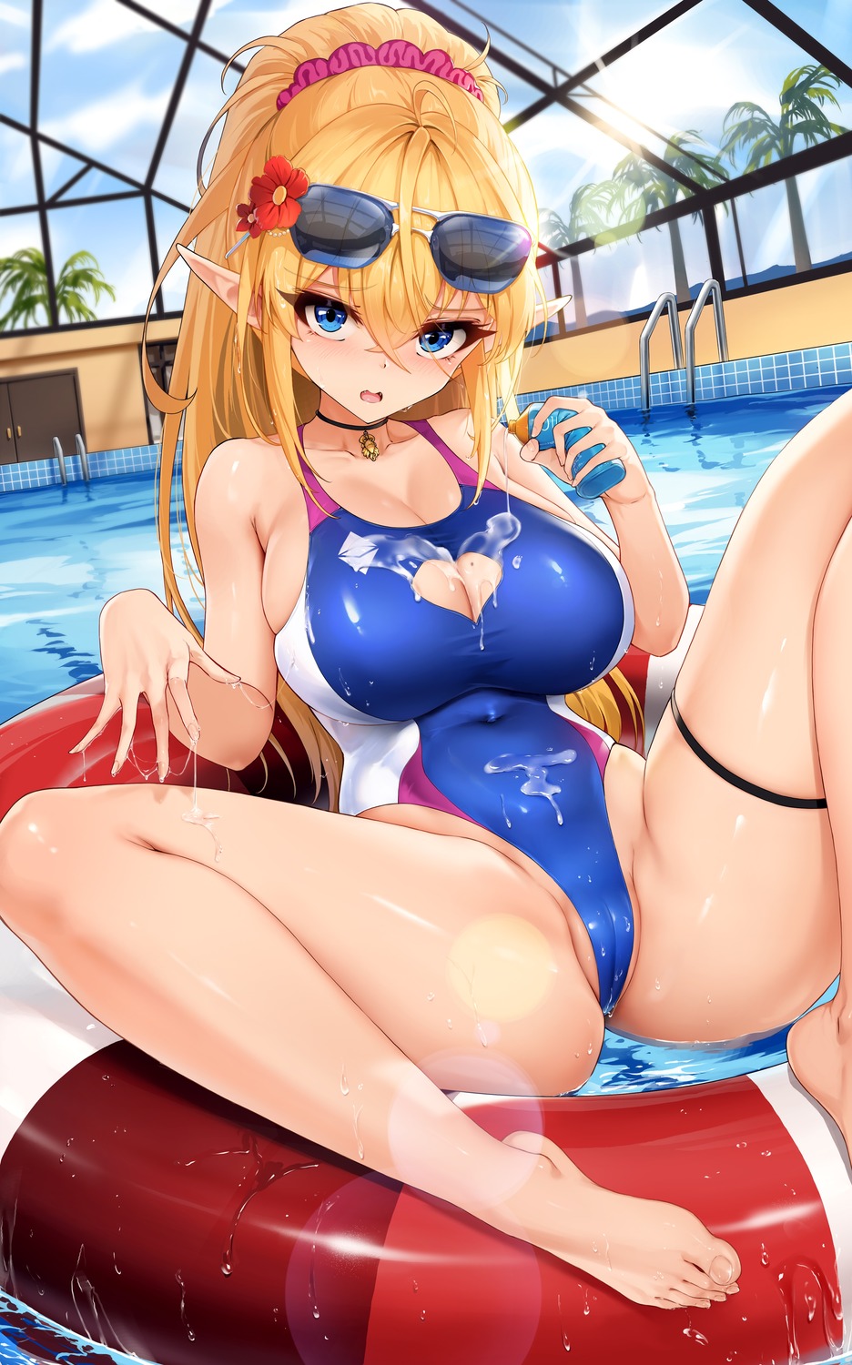 cameltoe cleavage cream garter megane niliu_chahui pointy_ears ruri_(niliu_chahui) swimsuits