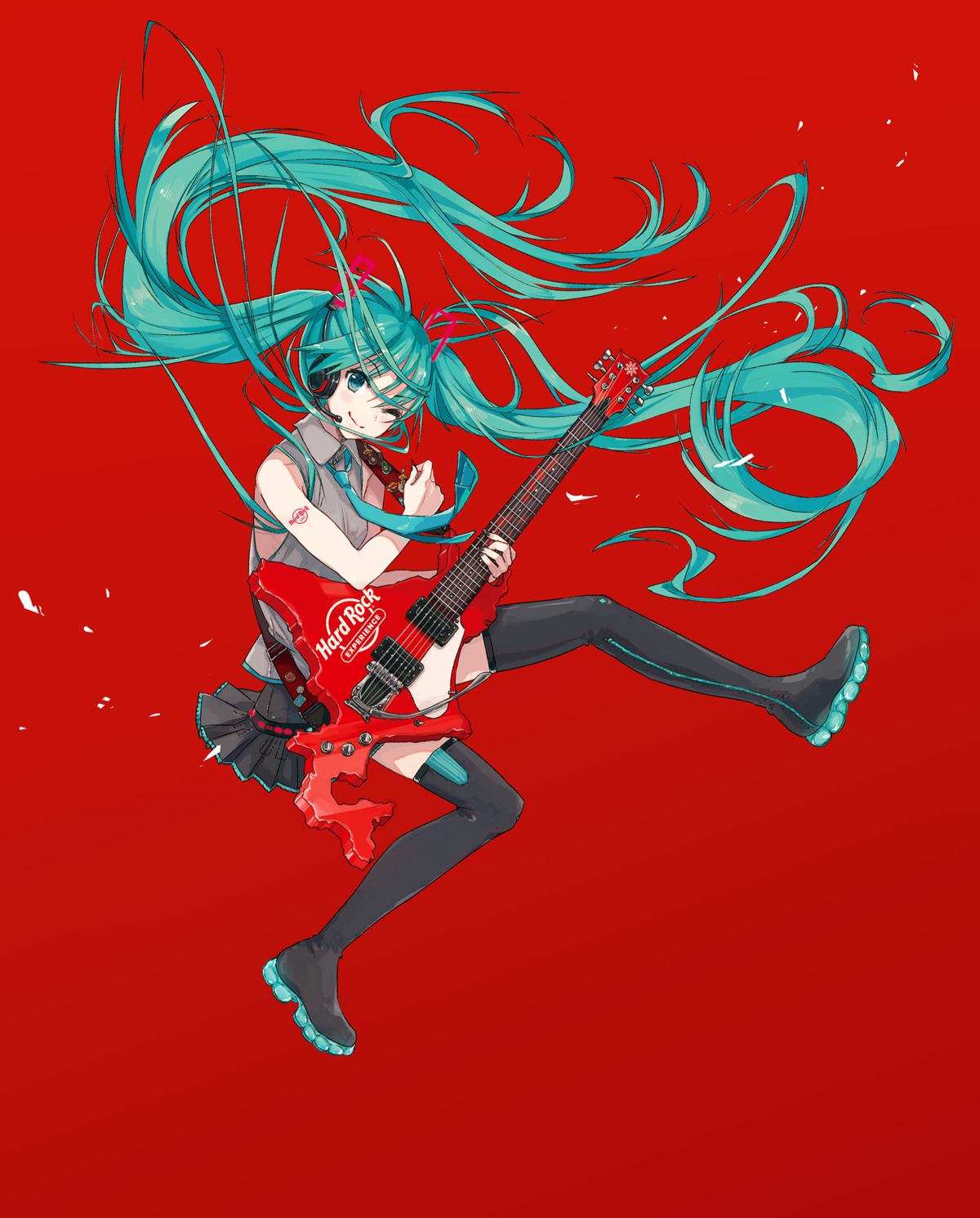 guitar hatsune_miku headphones ixima tattoo thighhighs vocaloid