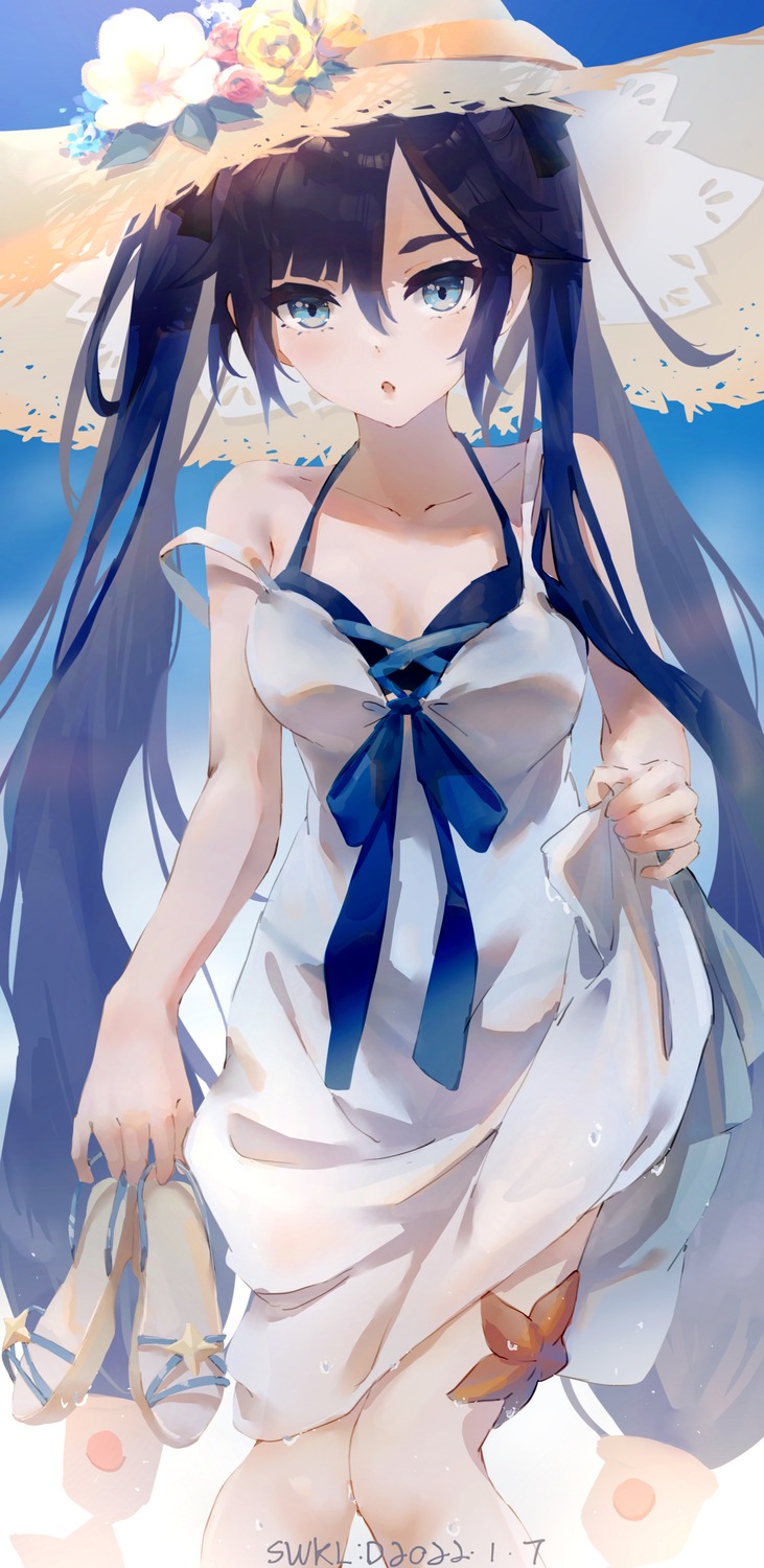 bikini cleavage dress genshin_impact mona_megistus see_through skirt_lift summer_dress swimsuits swkl:d wet wet_clothes