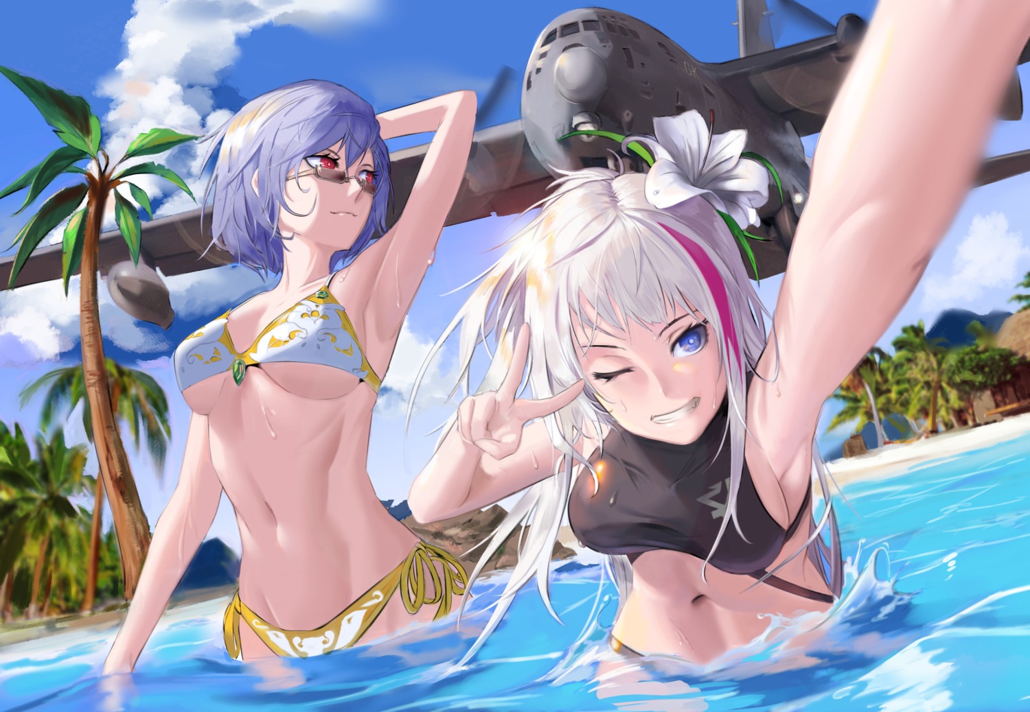 bikini girls_frontline mdr_(girls_frontline) megane swimsuits thompson_(girls_frontline) tmtm3327 wet