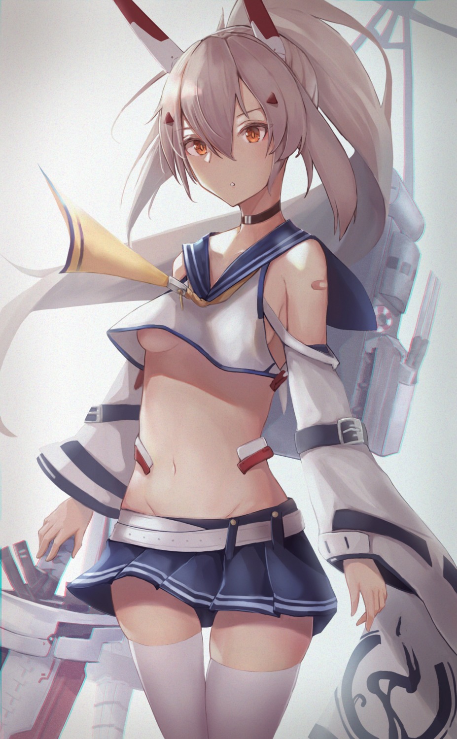 ayanami_(azur_lane) azur_lane bandaid no_bra ruwoka seifuku shirt_lift skirt_lift thighhighs underboob