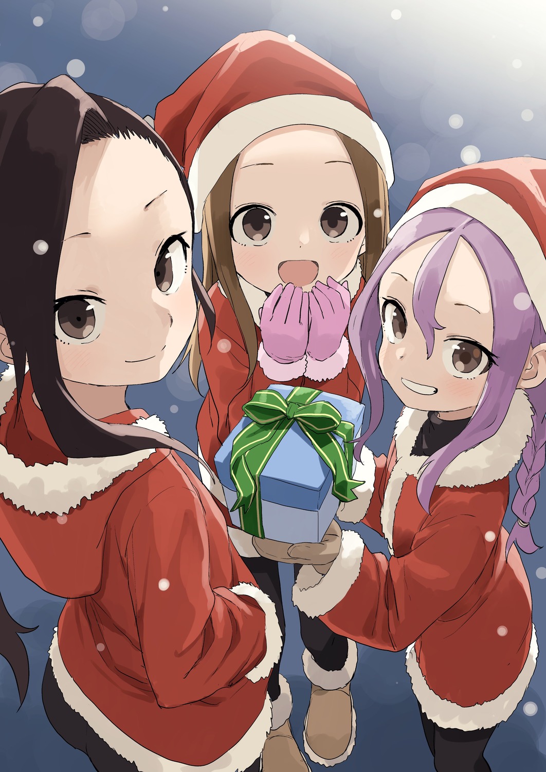 christmas crossover dress karakai_jouzu_no_takagi-san kunoichi_tsubaki_no_mune_no_uchi pantyhose soredemo_ayumu_wa_yosetekuru takagi-san tsubaki_(kunoichi_tsubaki_no_mune_no_uchi) yamamoto_souichirou yaotome_urushi