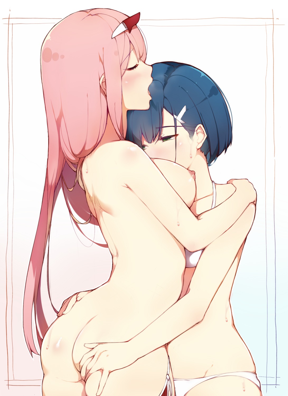 ass ass_grab bikini darling_in_the_franxx fingering horns ichigo_(darling_in_the_franxx) kimoshi naked nipples swimsuits symmetrical_docking yuri zero_two_(darling_in_the_franxx)