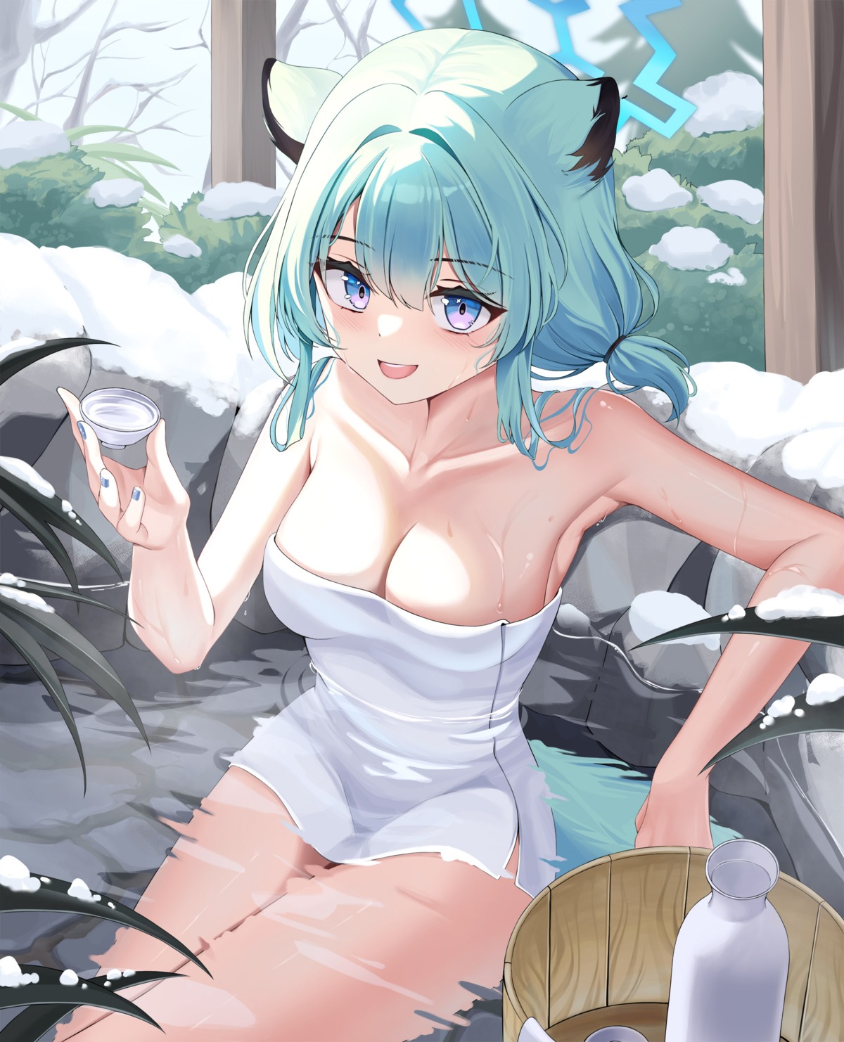 animal_ears blue_archive chanpower233 halo mayoi_shigure onsen sake towel wet