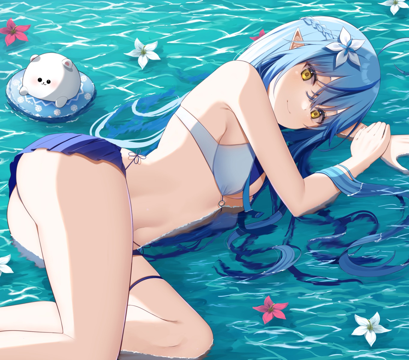 ass bikini elf garter hololive pointy_ears skirt_lift swimsuits thong wet yukihana_lamy yuteke_key