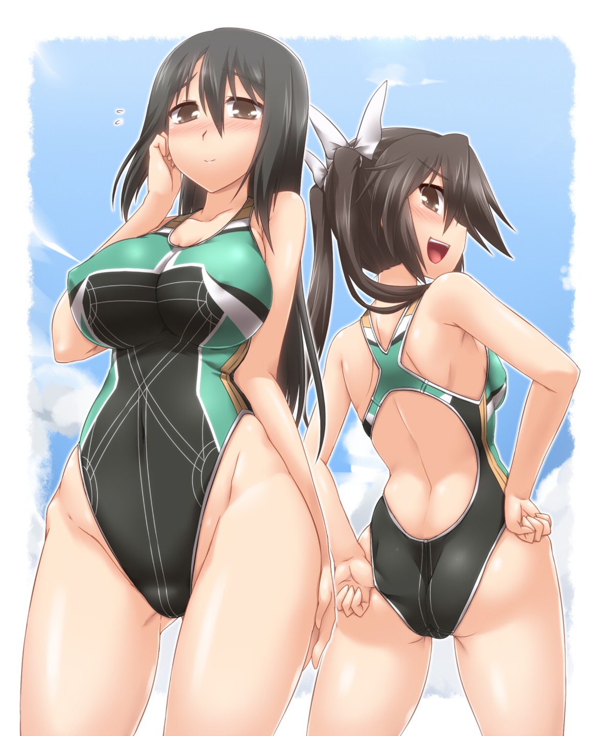 ass chikuma_(kancolle) erect_nipples kantai_collection swimsuits tone_(kancolle) yoshi_tama