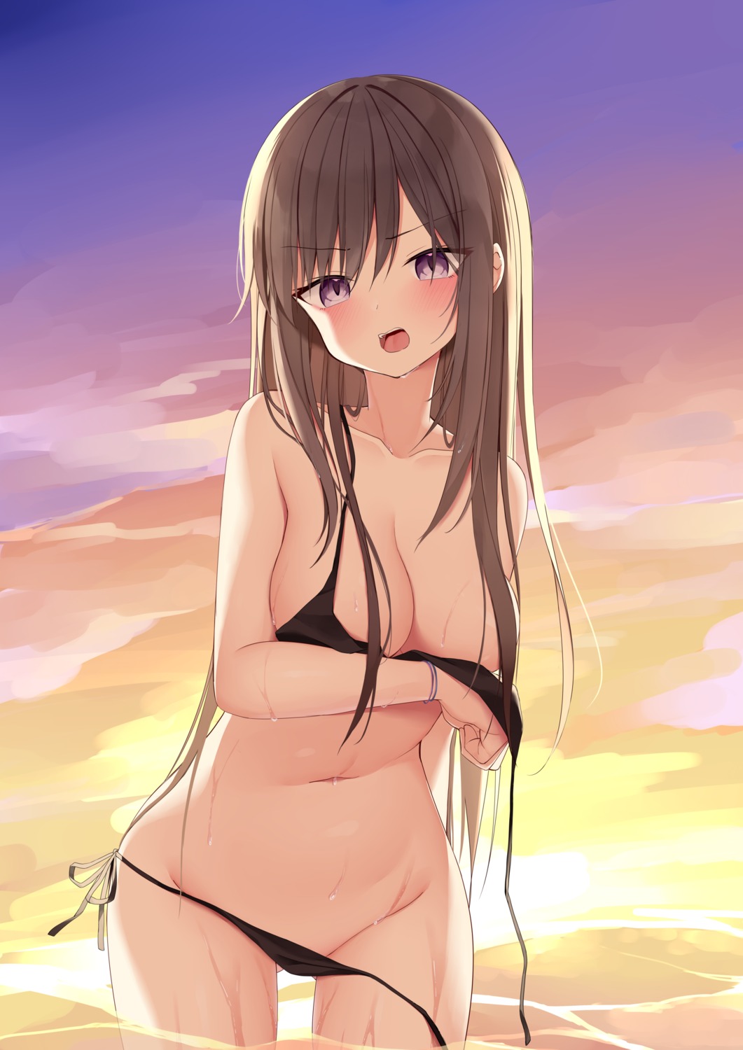 bikini breast_hold breasts kamu_(geeenius) panty_pull swimsuits wet