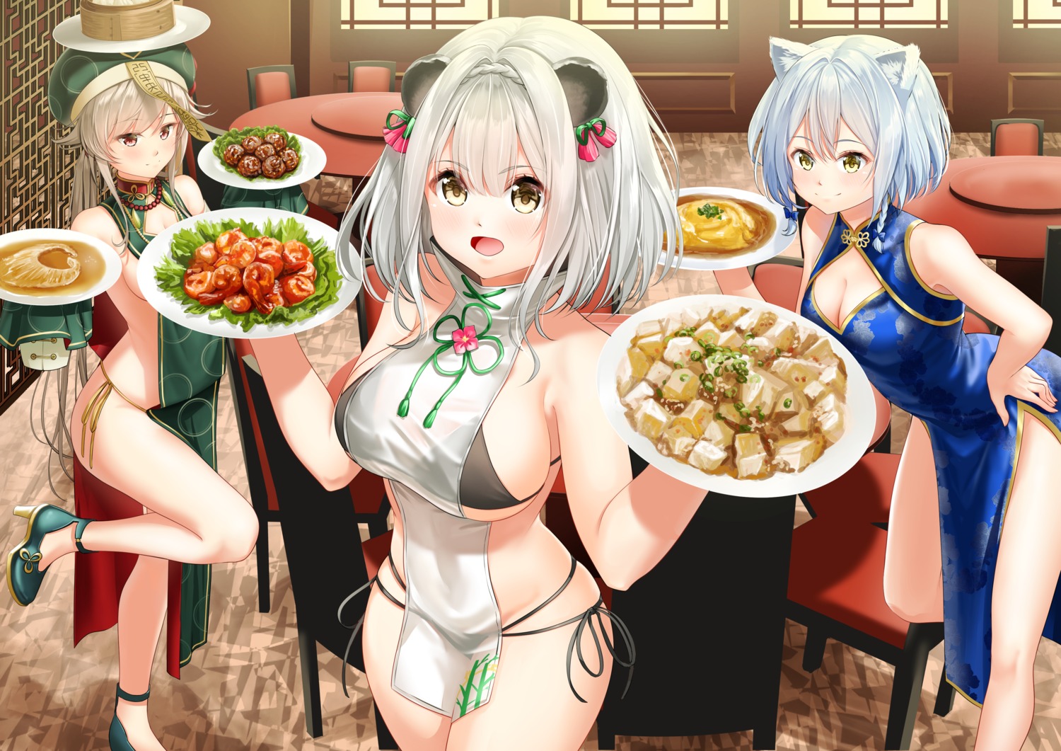 animal_ears bikini chinadress cleavage heels no_bra rissenka see_through swimsuits waitress