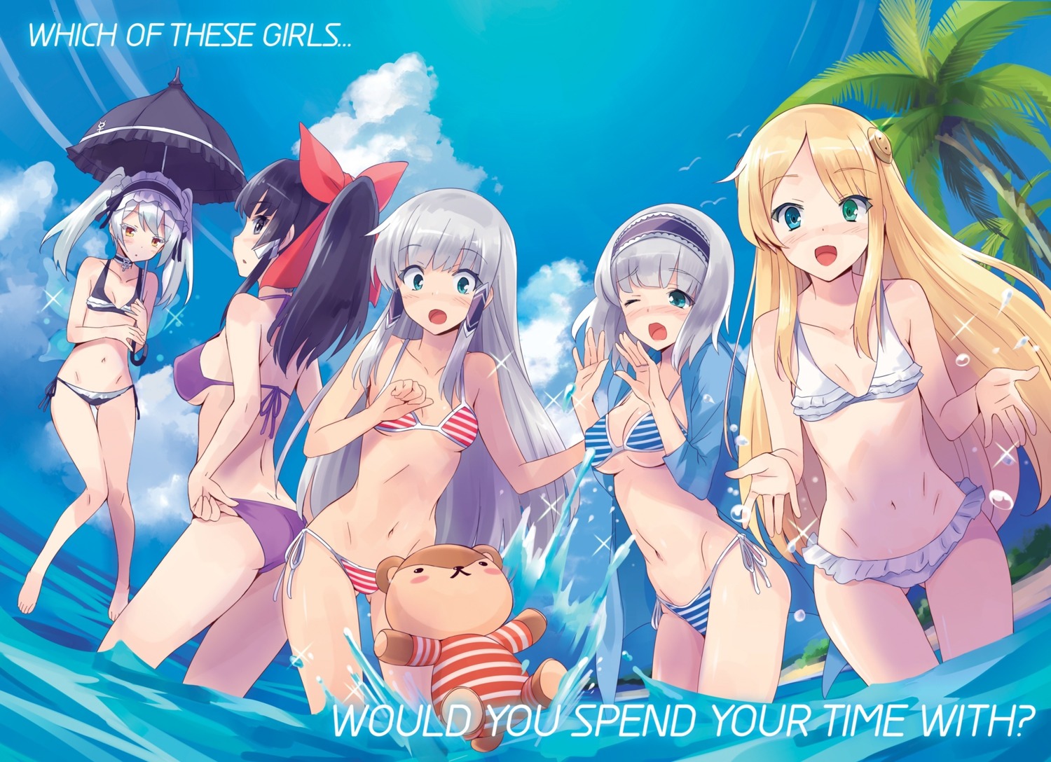 ass bikini cleavage elze_silhoueska heterochromia isekai_wa_smartphone_to_tomo_ni. kokonoe_yae leen_(isekai_wa_smartphone_to_tomo_ni.) linze_silhoueska open_shirt paula_(isekai_wa_smartphone_to_tomo_ni.) swimsuits umbrella underboob usatsuka_eiji wet yumina_urnea_belfast