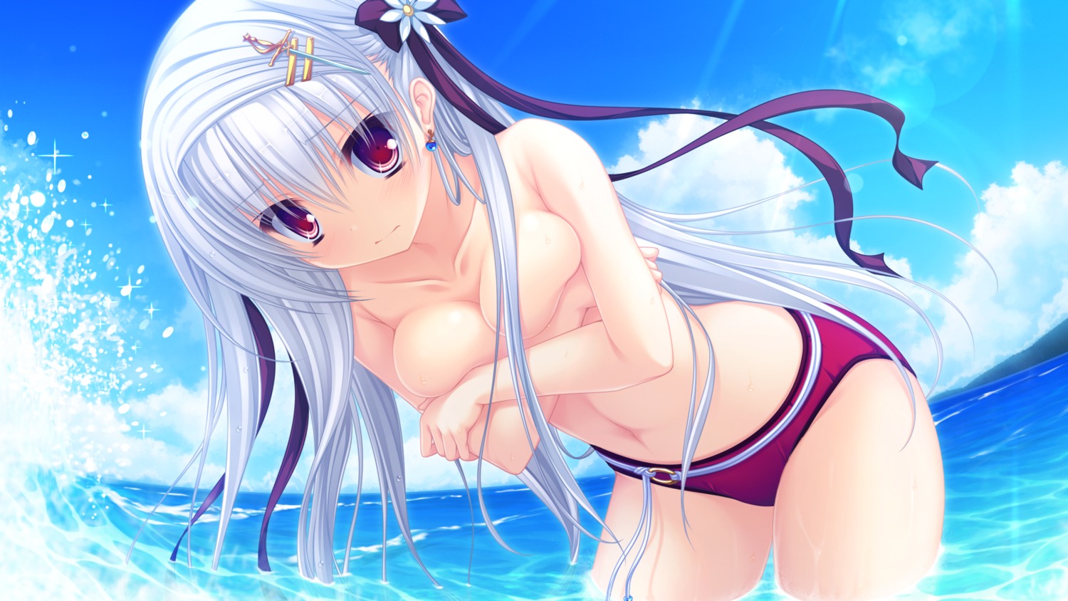 breast_hold cleavage game_cg justy_x_nasty mikagami_mamizu onose_mana swimsuits topless whirlpool