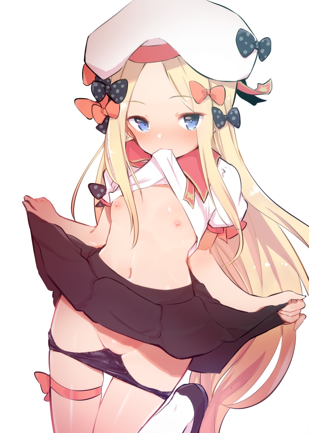 abigail_williams_(fate) caburi fate/grand_order garter_belt loli nipples panty_pull shirt_lift skirt_lift