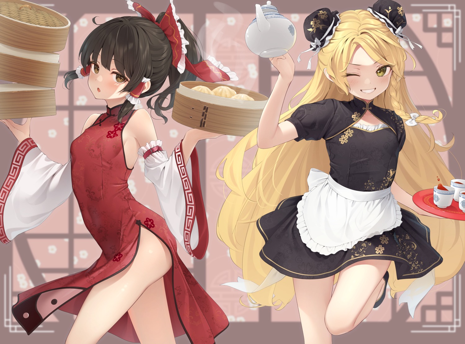 asian_clothes chinadress hakurei_reimu kanpa_(campagne_9) kirisame_marisa no_bra touhou waitress