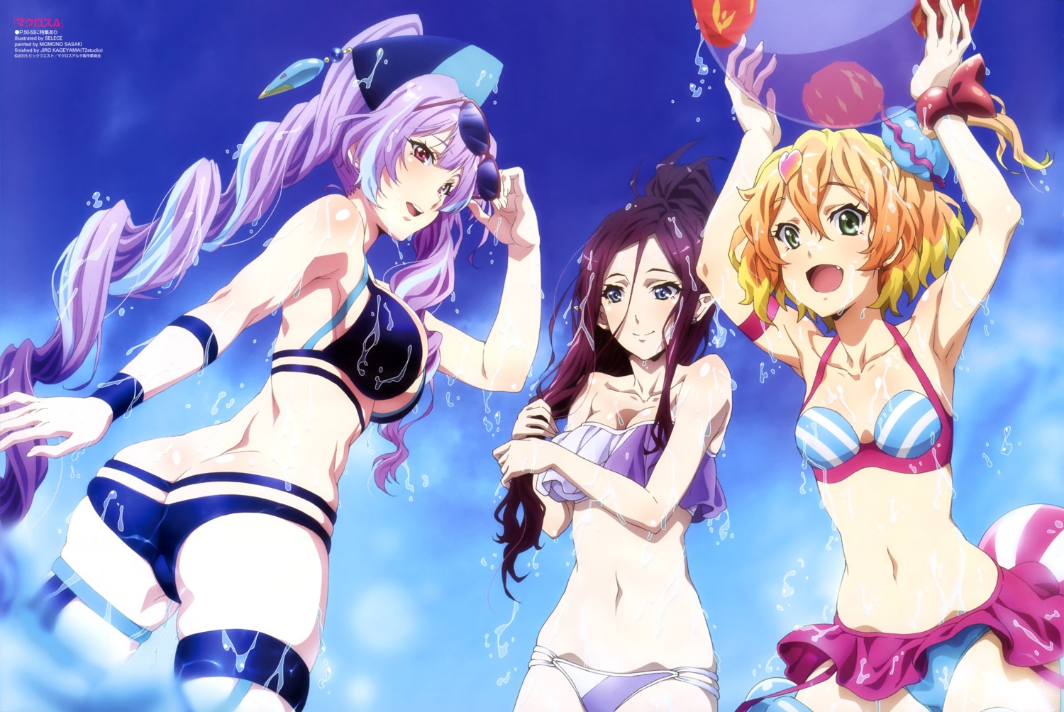 ass bikini cleavage freyja_wion garter macross_delta megane mikumo_guynemer mirage_farina_jenius selece swimsuits wet