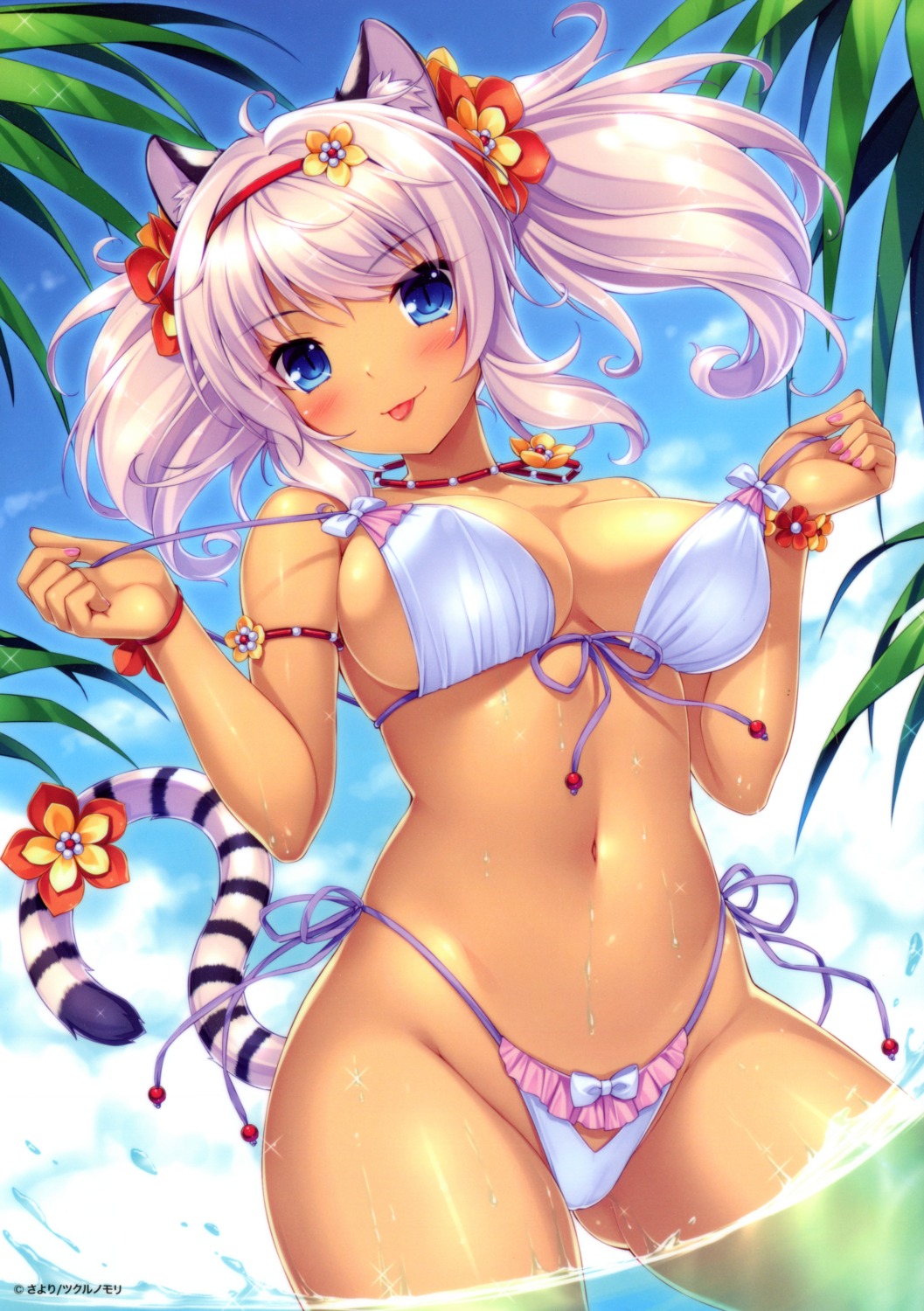 animal_ears bikini cleavage erect_nipples nekomimi sayori scanning_artifacts swimsuits tail wet