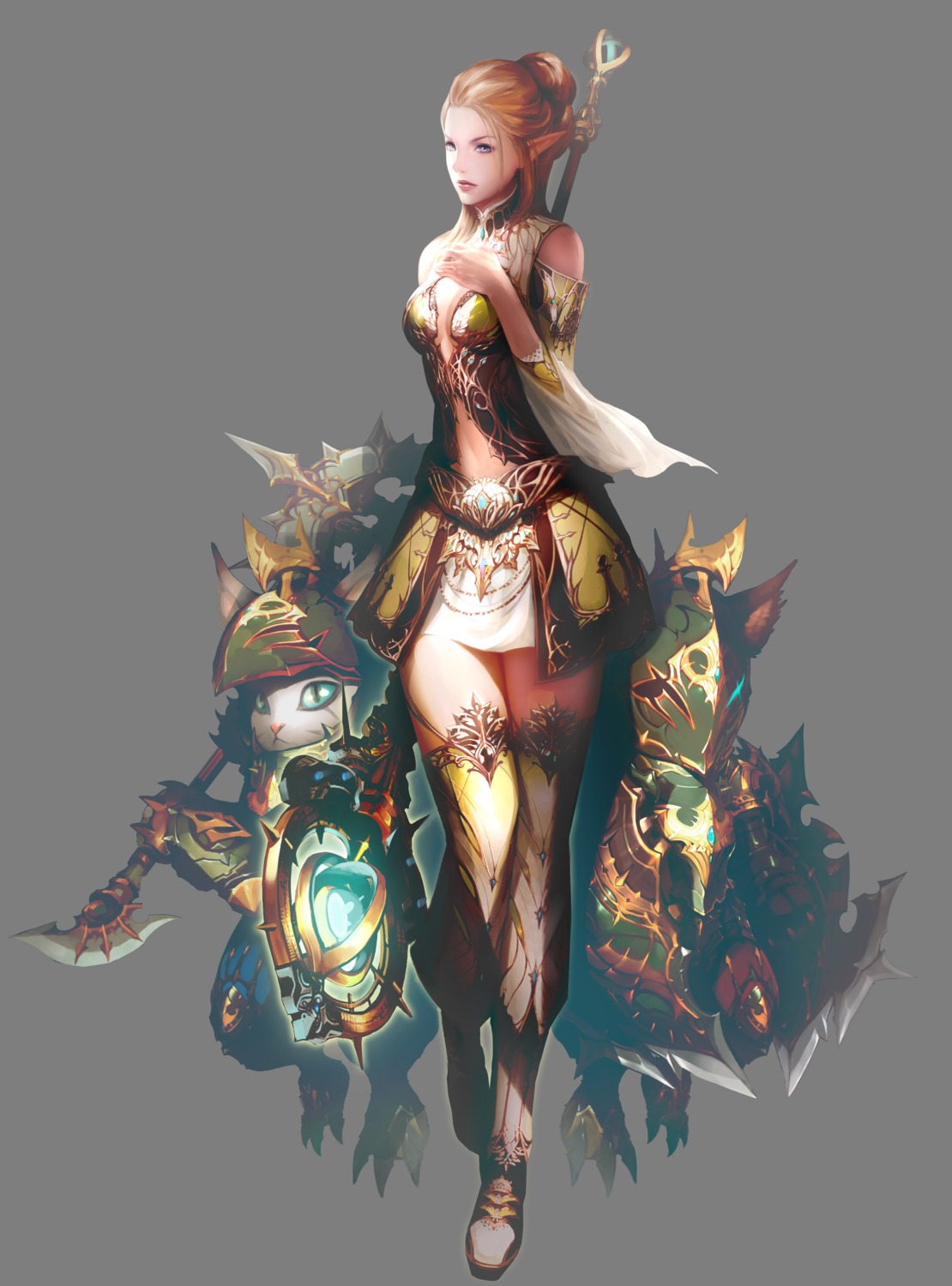 armor breast_hold cleavage human lineage_2 neko no_bra pointy_ears thighhighs transparent_png weapon