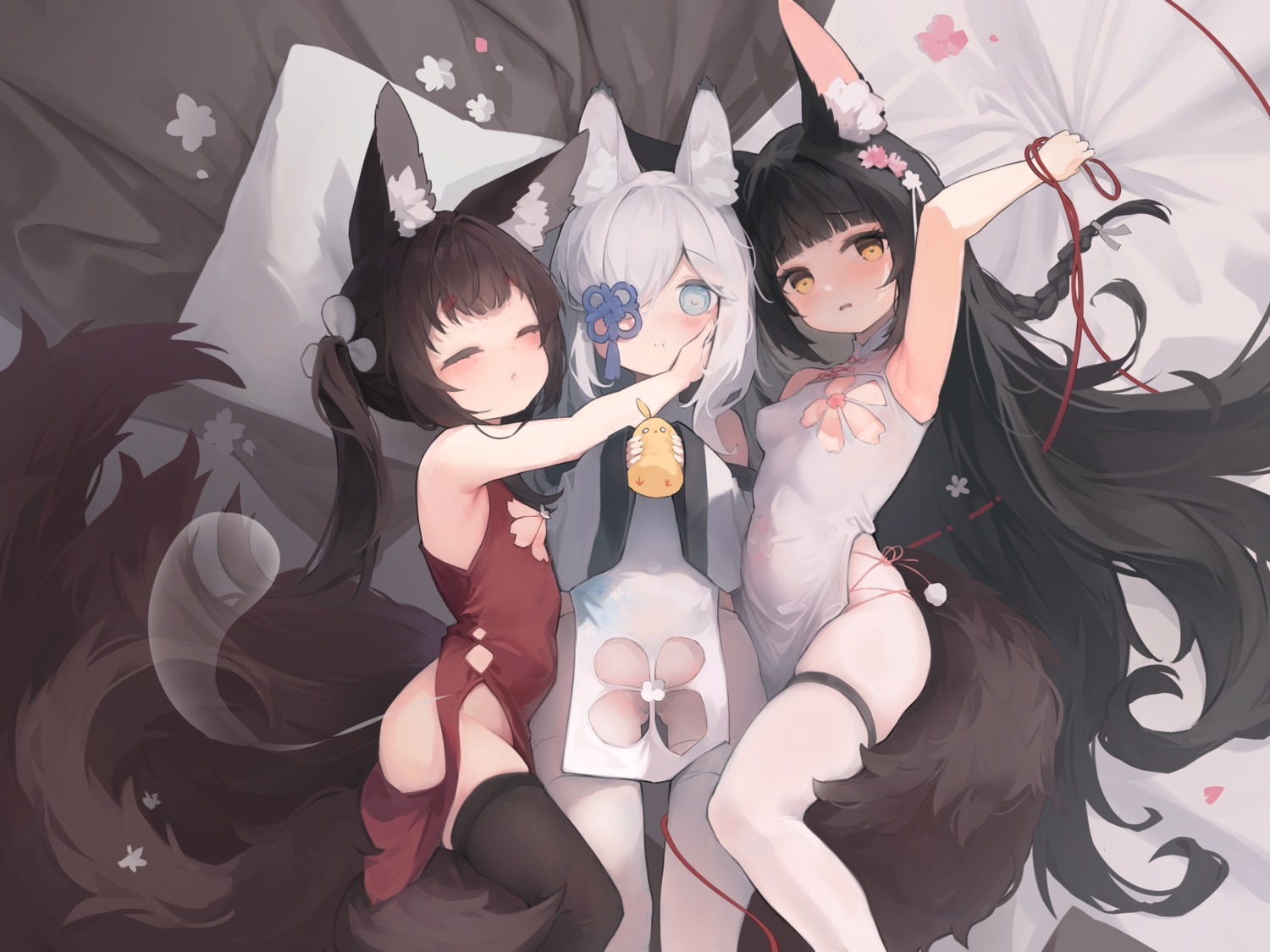 amagi-chan_(azur_lane) amagi_(azur_lane) animal_ears azur_lane chinadress japanese_clothes kasumi_(azur_lane) kasumi_1118 kitsune loli nagato_(azur_lane) no_bra pantyhose tail thighhighs torn_clothes