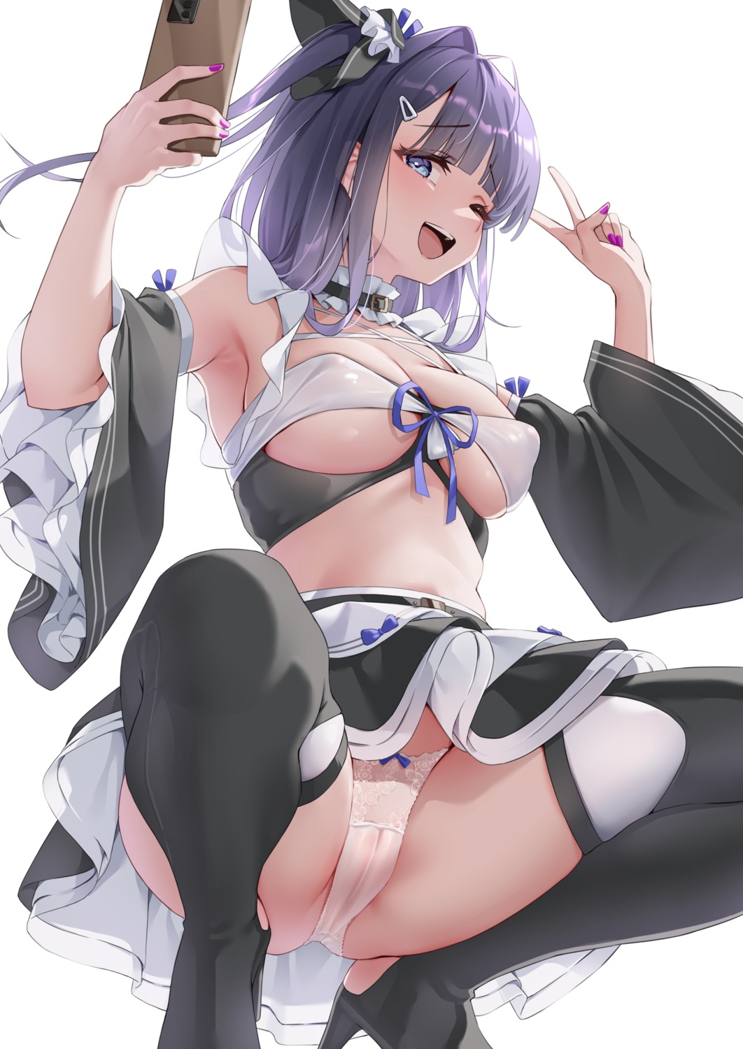 azur_lane cameltoe classic_(zildjian33) erect_nipples heels liverpool_(azur_lane) no_bra pantsu selfie skirt_lift thighhighs thong