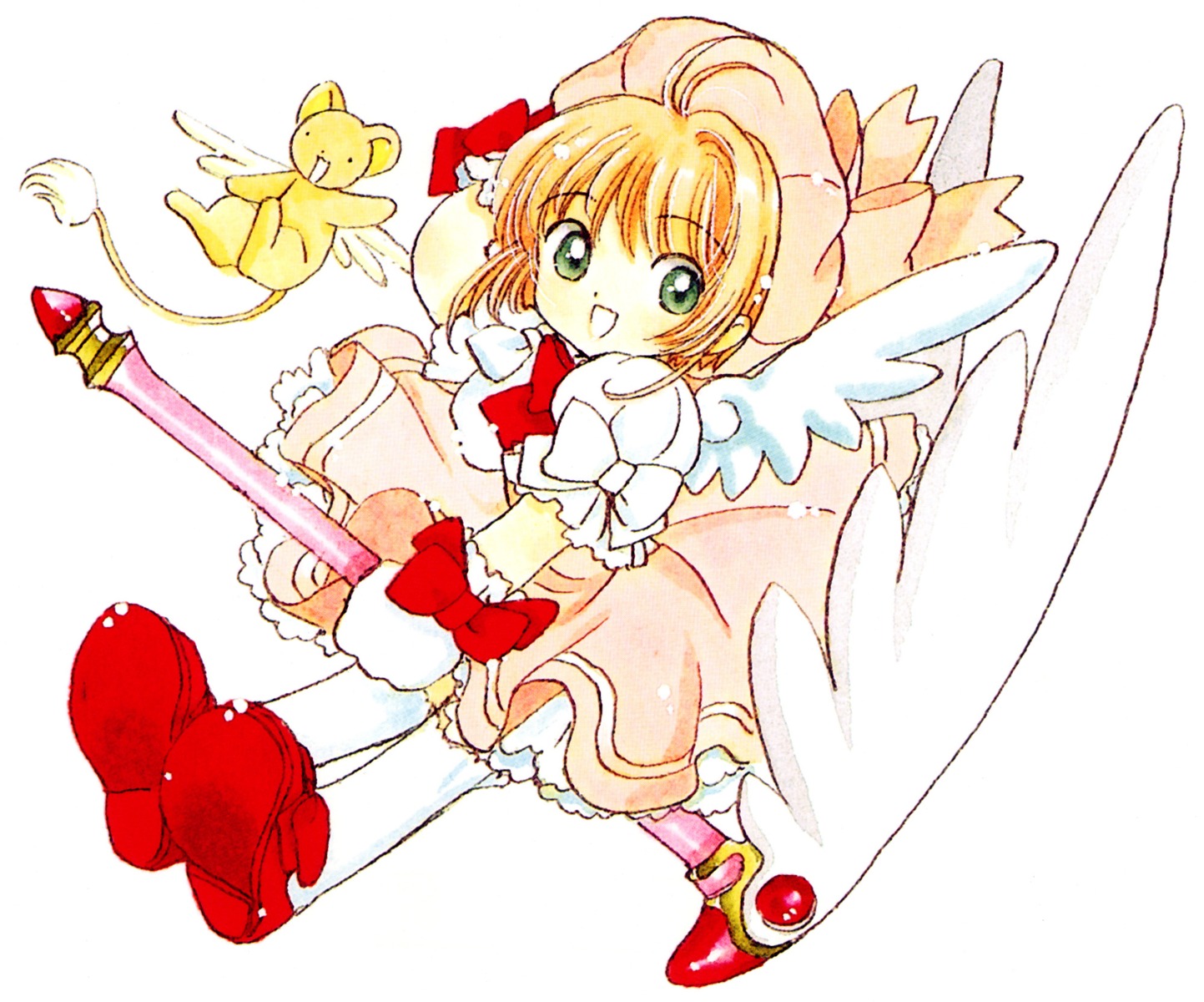 card_captor_sakura chibi clamp dress kerberos kinomoto_sakura lolita_fashion thighhighs weapon wings