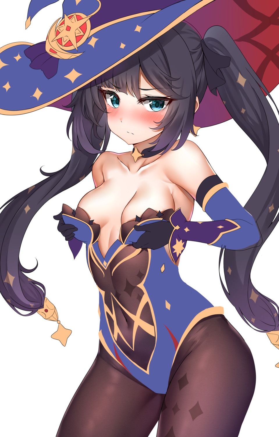 genshin_impact leotard mona_megistus no_bra pantyhose sunhyun undressing wardrobe_malfunction witch