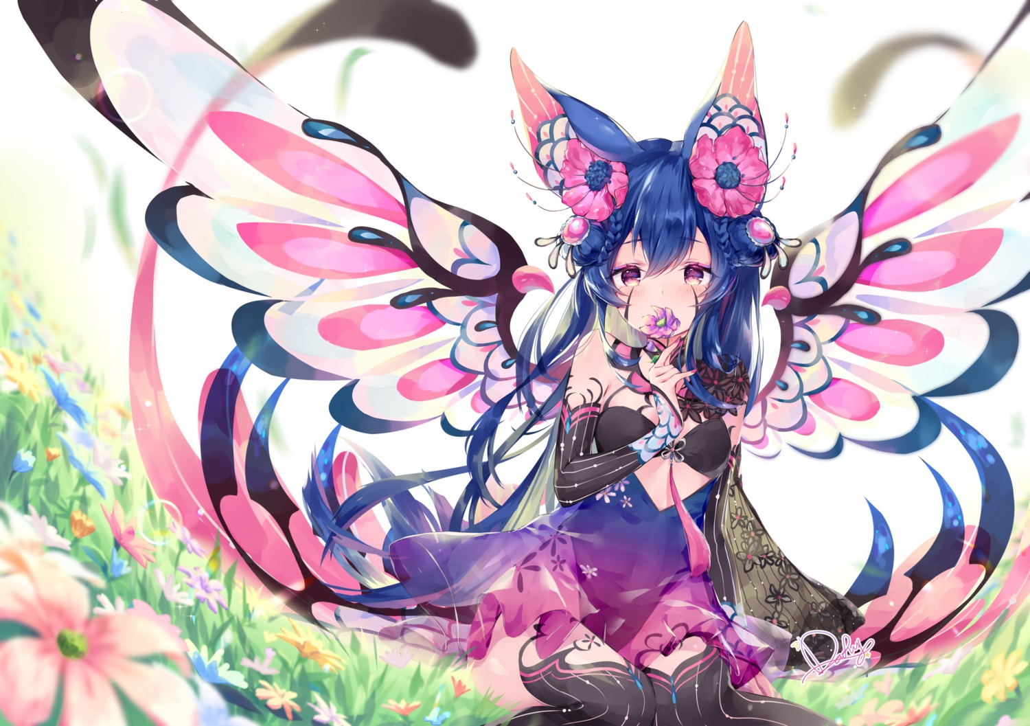 animal_ears dress monster_girl odaefnyo see_through tattoo thighhighs wings