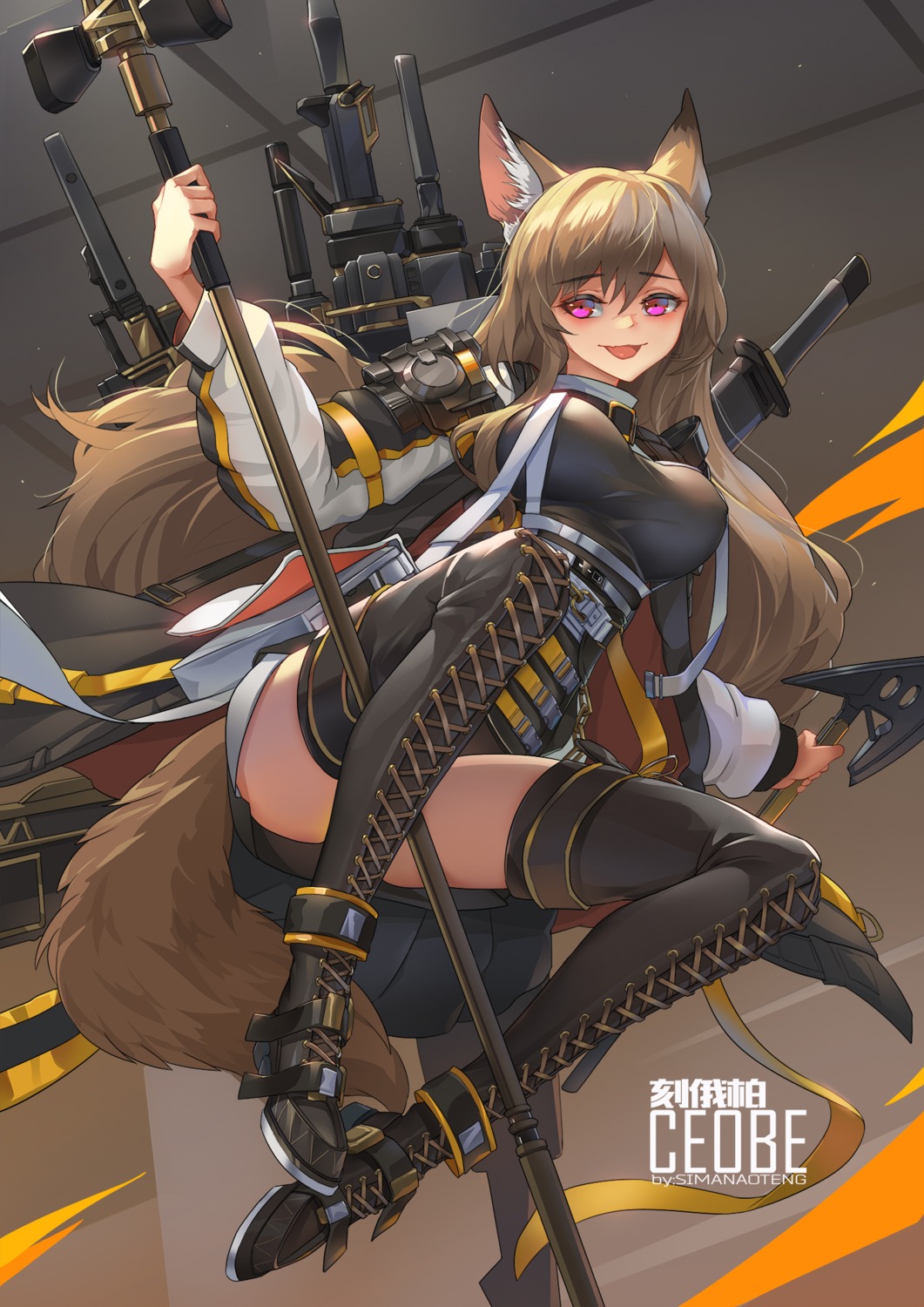 animal_ears arknights ceobe_(arknights) erect_nipples garter heels sima_naoteng sword tail thighhighs weapon