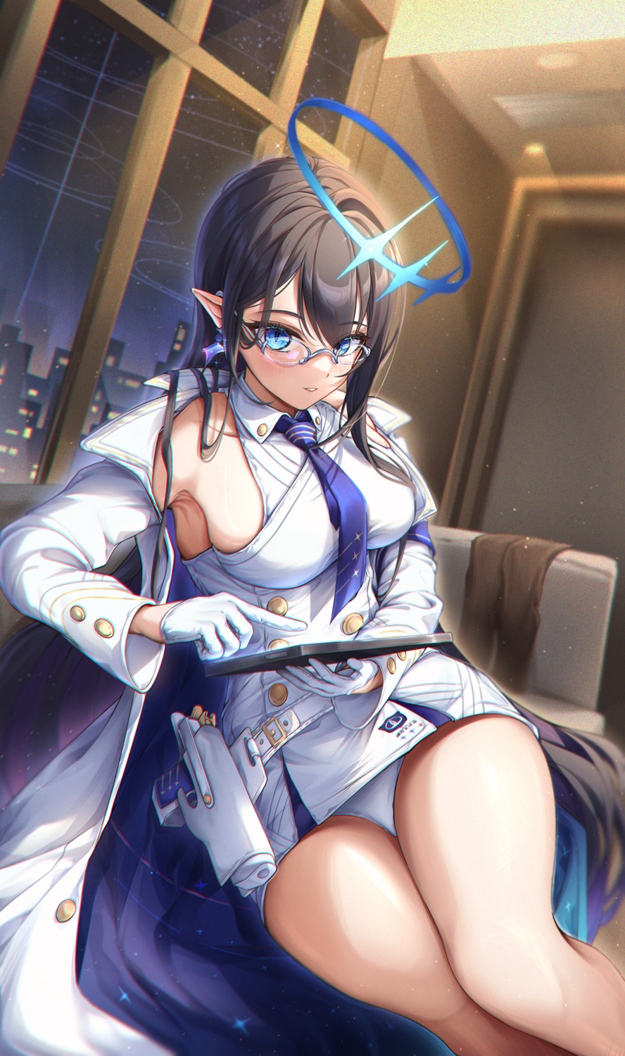 blue_archive gun halo megane nanagami_rin norimori pantsu pointy_ears skirt_lift uniform