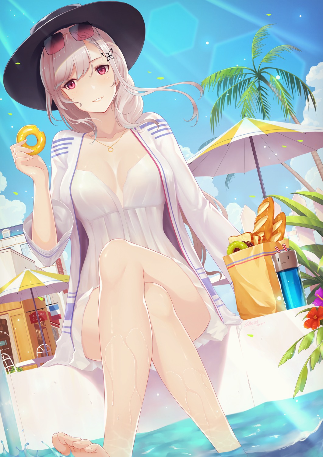 alexiel_(pixiv6211566) azur_lane dress dunkerque_(azur_lane) megane no_bra summer_dress wet