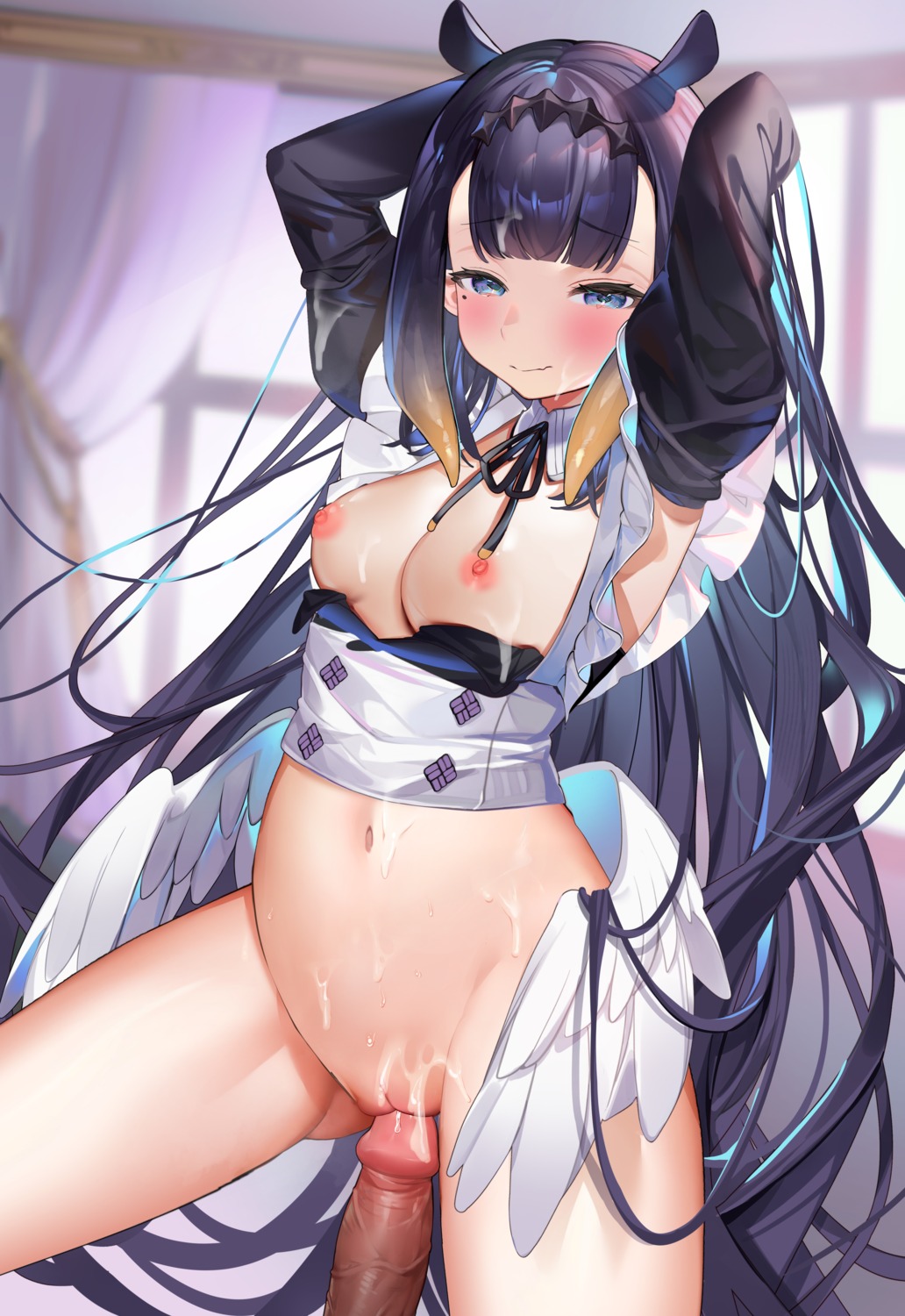 animal_ears bottomless breasts cum hololive hololive_english machi_(7769) maid ninomae_ina'nis nipples no_bra penis pussy uncensored wings