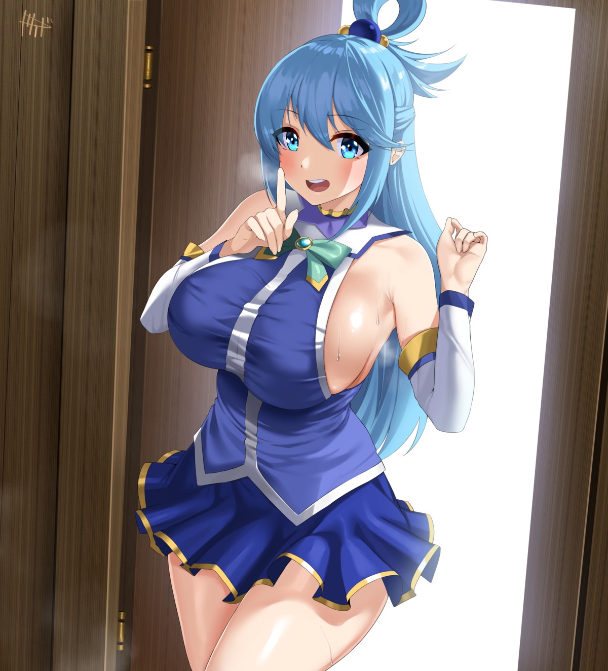 aqua_(konosuba) breast_hold kisaragi_tsurugi kono_subarashii_sekai_ni_shukufuku_wo! no_bra skirt_lift wet