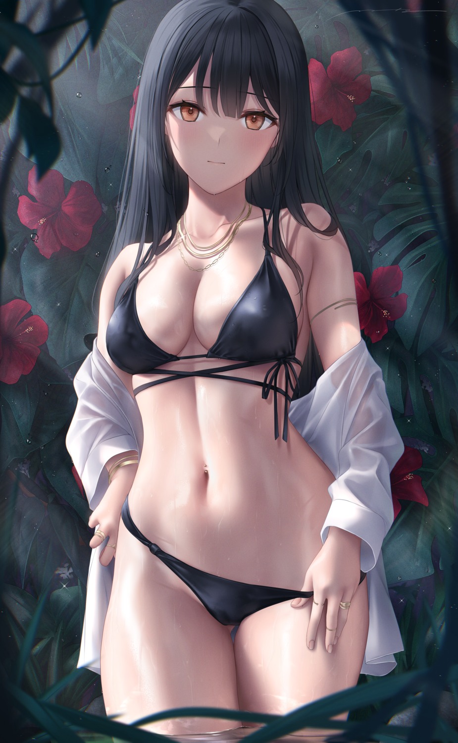 bikini mhru open_shirt panty_pull see_through swimsuits undressing wet wet_clothes