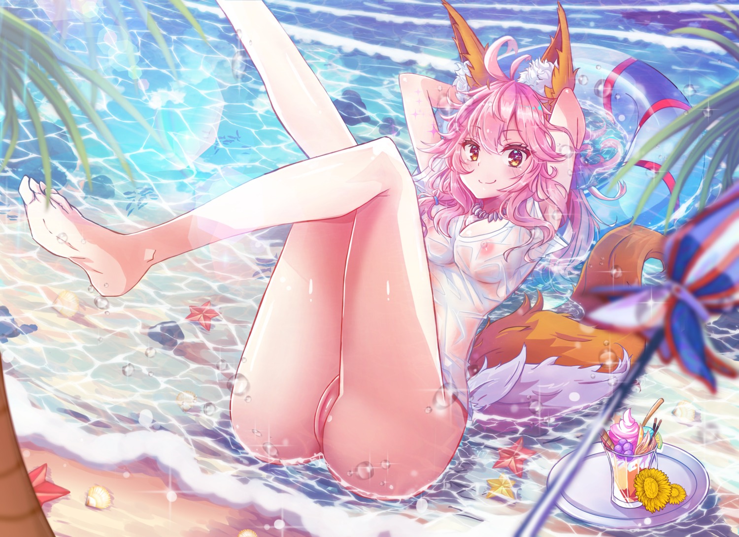 animal_ears bottomless fate/grand_order nipples pussy see_through tail tamamo_no_mae uncensored wet wet_clothes yazuishou_ray
