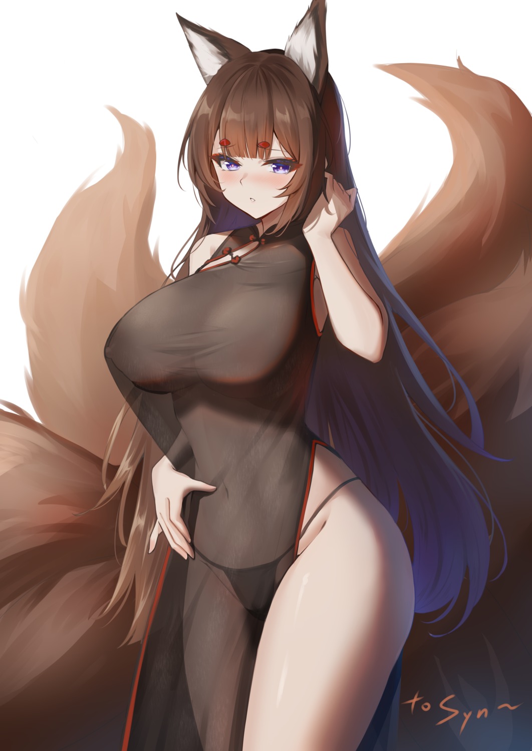 amagi_(azur_lane) animal_ears azur_lane chinadress kitsune nipples no_bra pantsu see_through tail unique_(pixiv12704744)