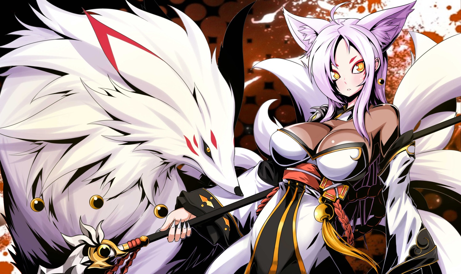 animal_ears asura_(elsword) elsword japanese_clothes jmg kitsune no_bra tail weapon