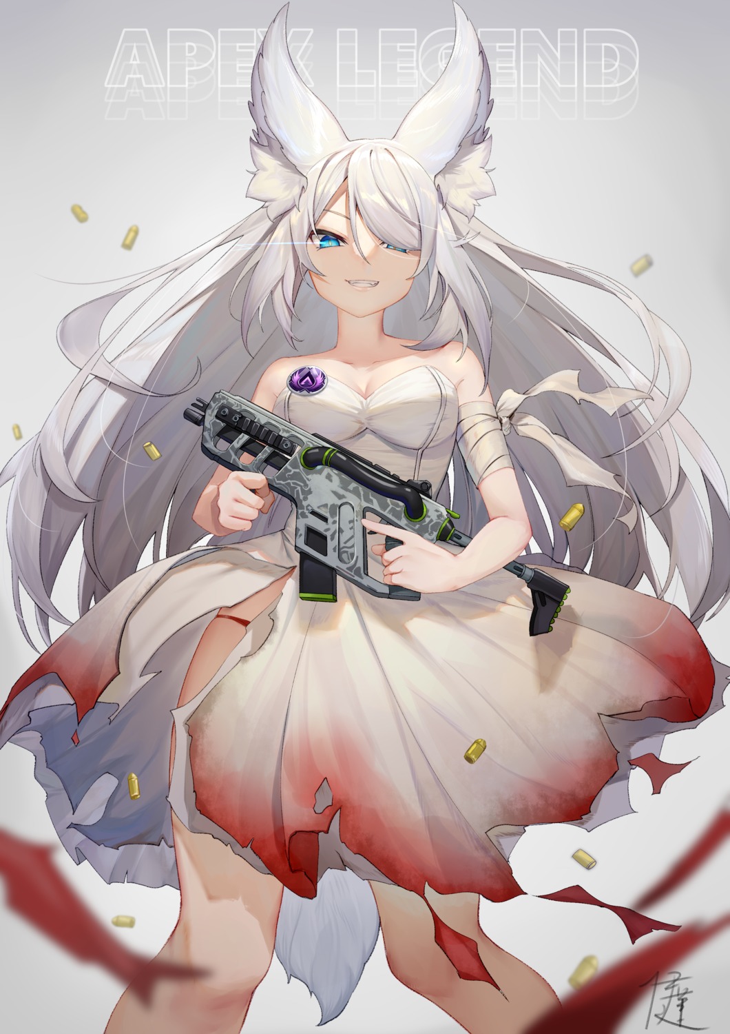 animal_ears apex_legends bandages cleavage dress gun ihachisu pantsu tail torn_clothes wedding_dress