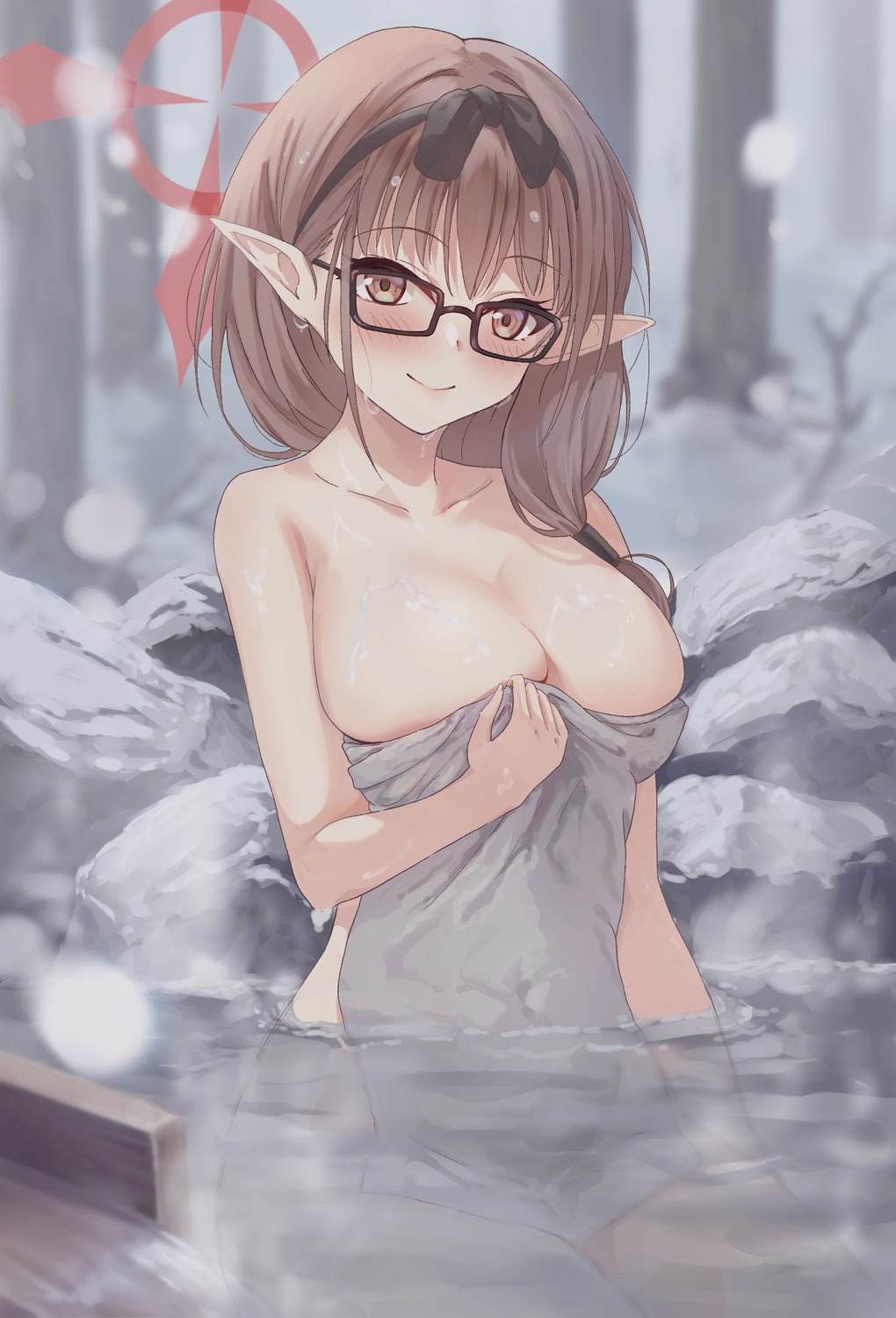 blue_archive halo hinomiya_chinatsu itaba_atsushi megane naked onsen pointy_ears towel wet